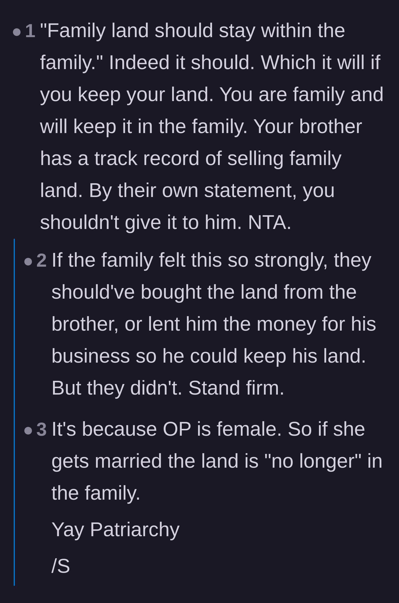 Comment thread 4 - A breakdown of the family's fundamentally flawed logic regarding keeping the land within the family.