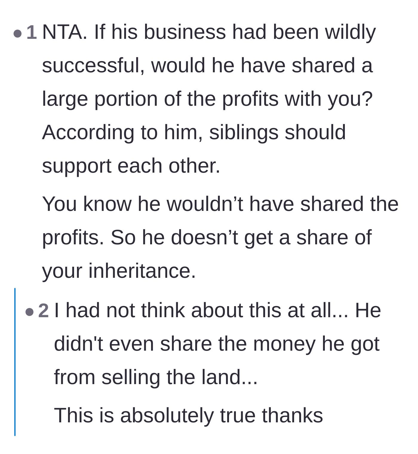 Comment thread 5 - A hypothetical question asking if the brother would have shared his wealth had his business succeeded.