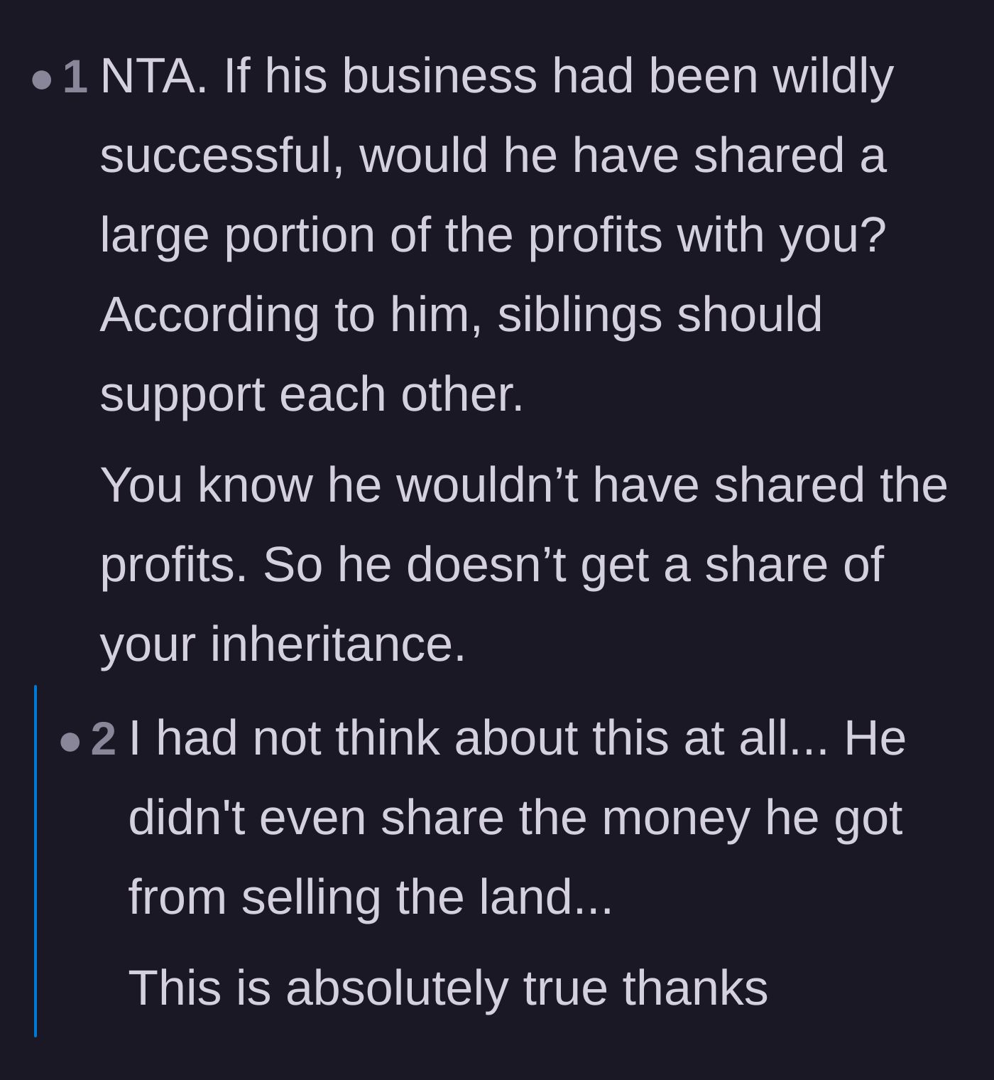 Comment thread 5 - A hypothetical question asking if the brother would have shared his wealth had his business succeeded.