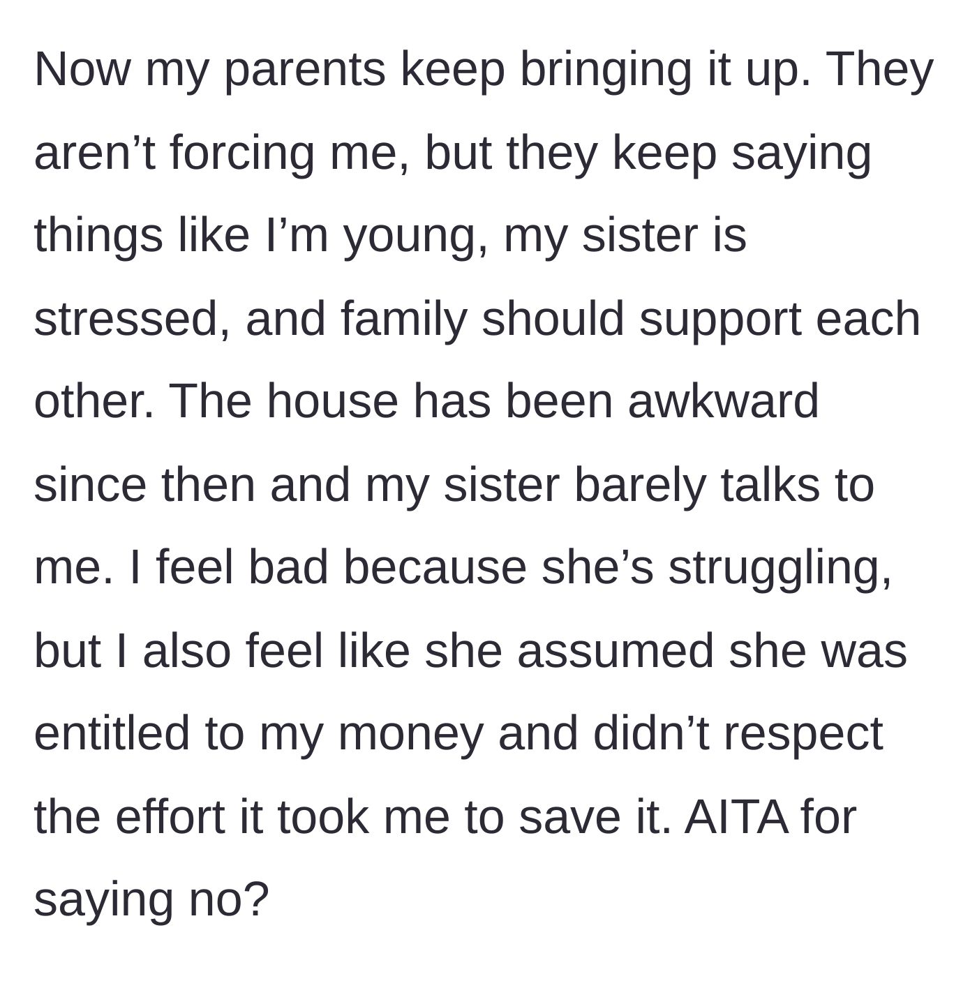 Story part 4 - The parents begin guilt-tripping the younger sister to pay, creating a tense and awkward household environment.