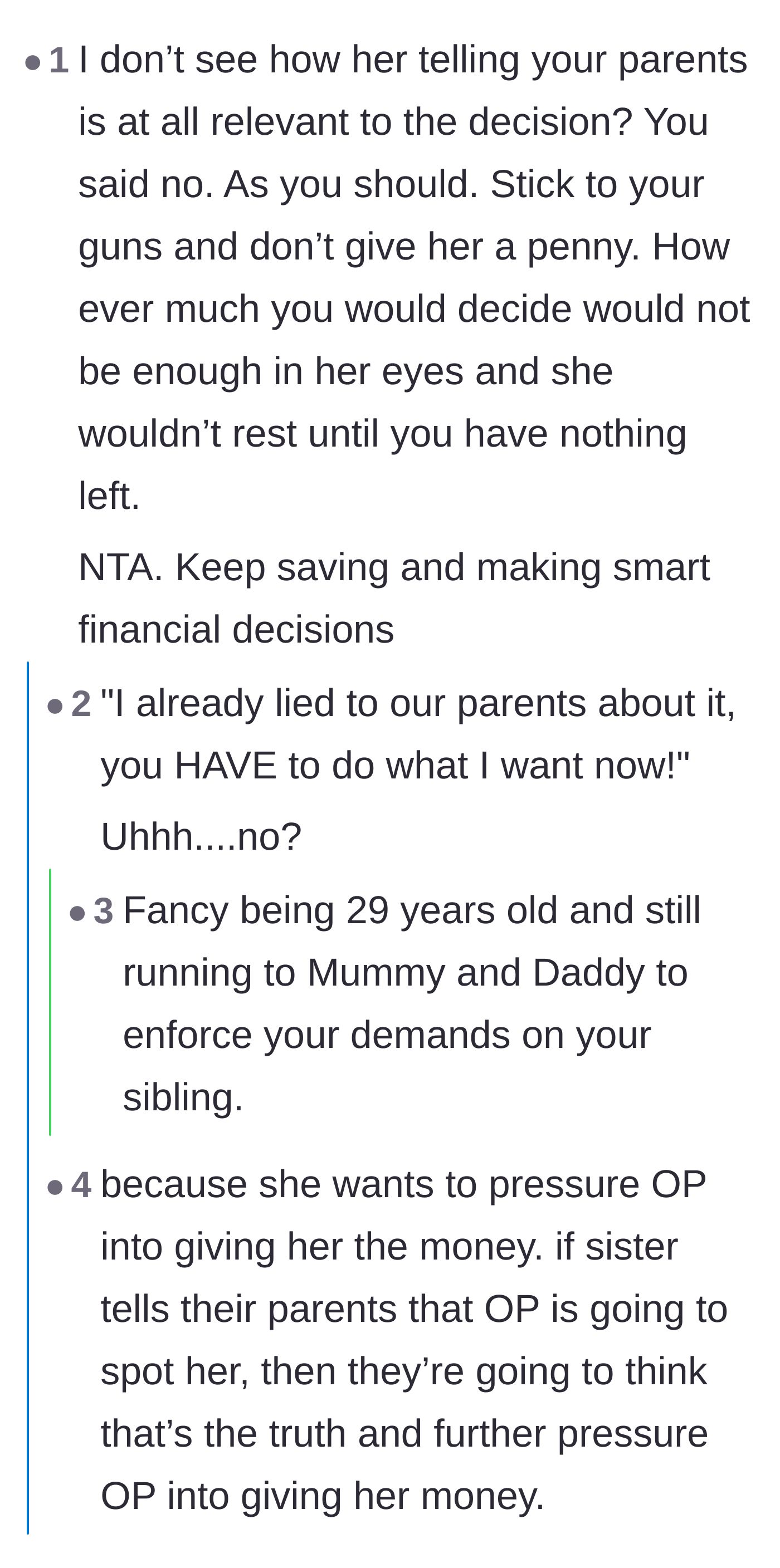 Comment thread 5 - A thread mocking the 29-year-old sister for running to her parents like a child to enforce a financial demand.