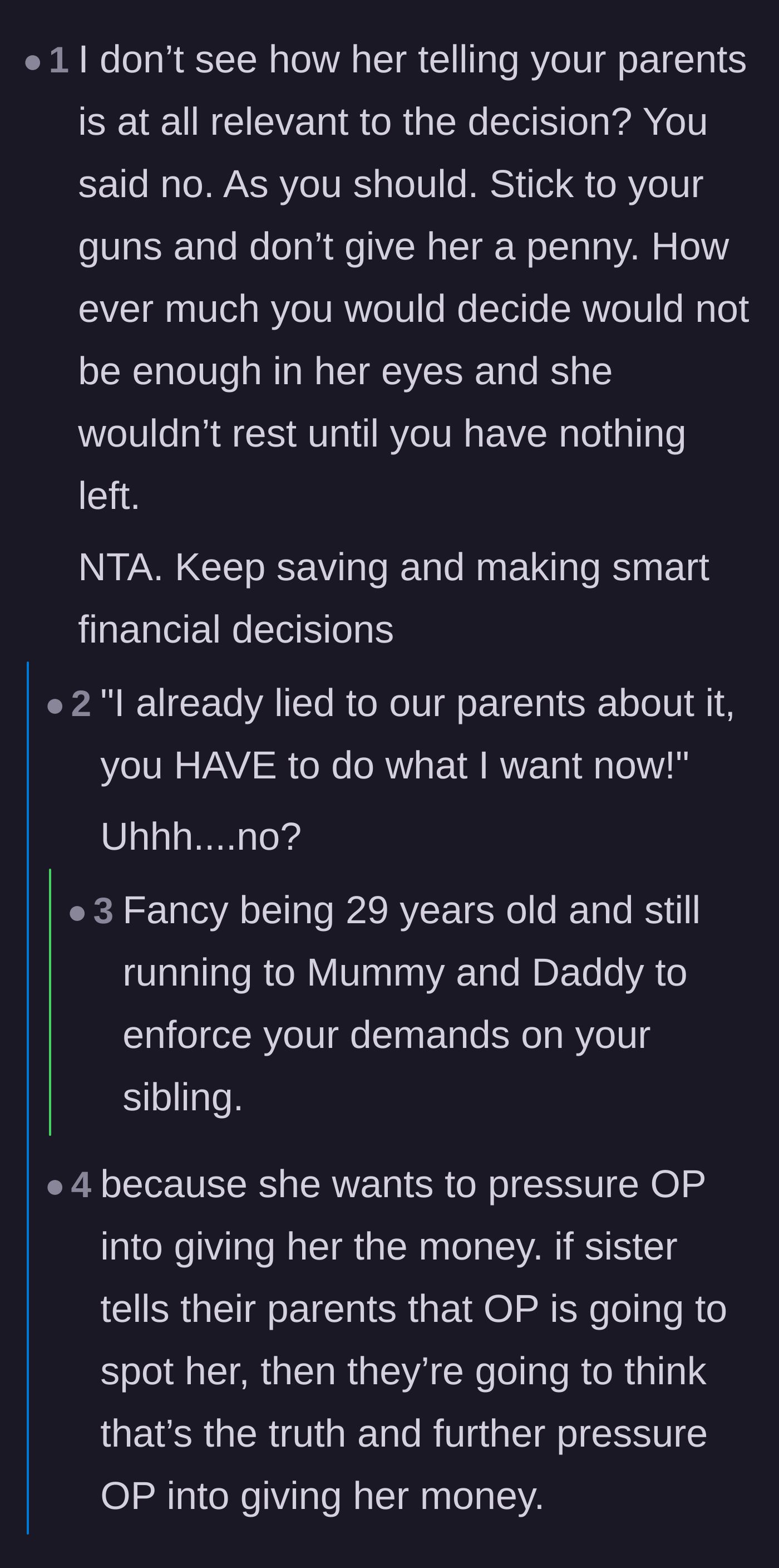 Comment thread 5 - A thread mocking the 29-year-old sister for running to her parents like a child to enforce a financial demand.