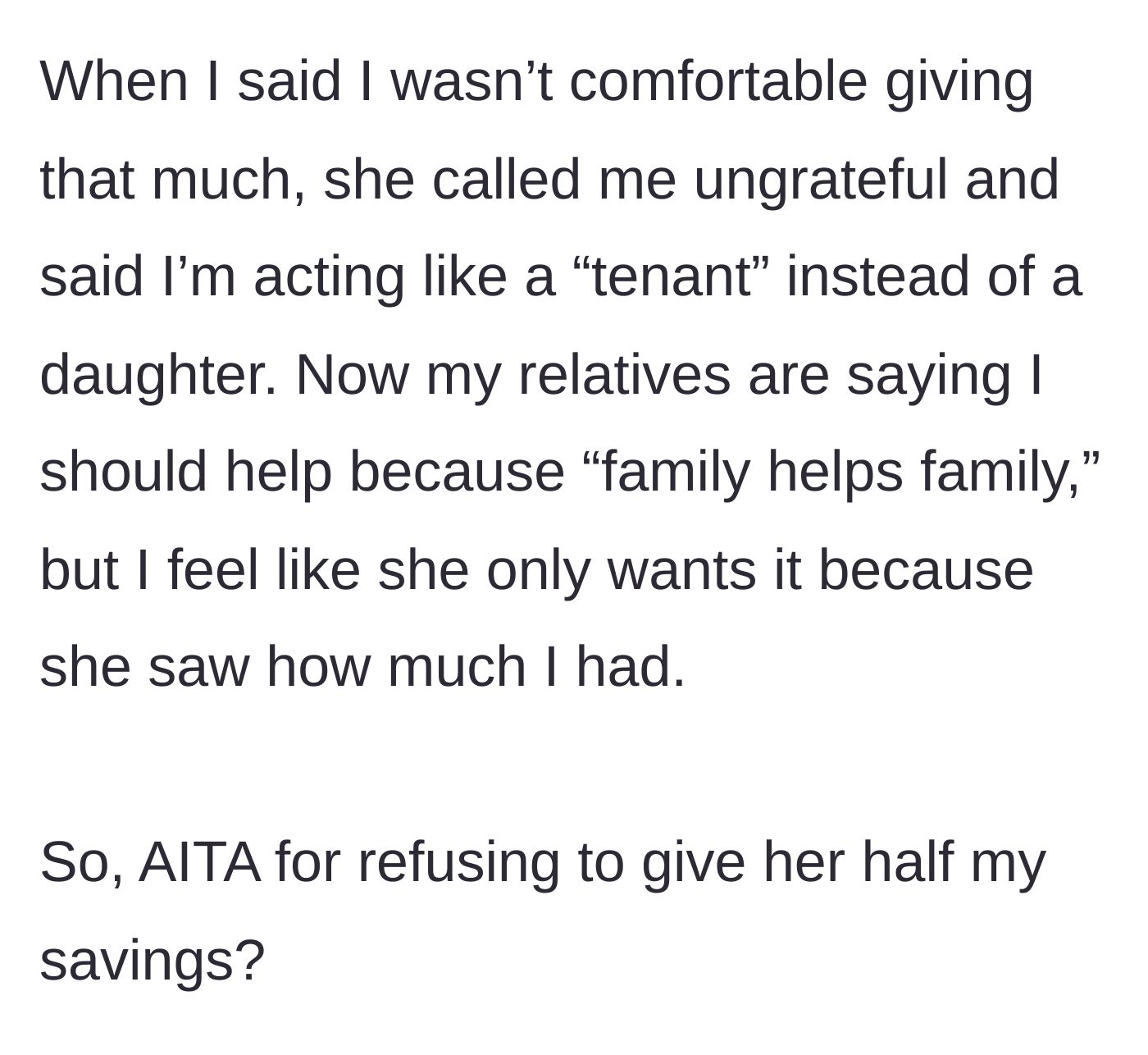 Story part 4 - The daughter refuses the demand, prompting her mother to call her an ungrateful 'tenant' and bringing relatives into the argument to pressure her.