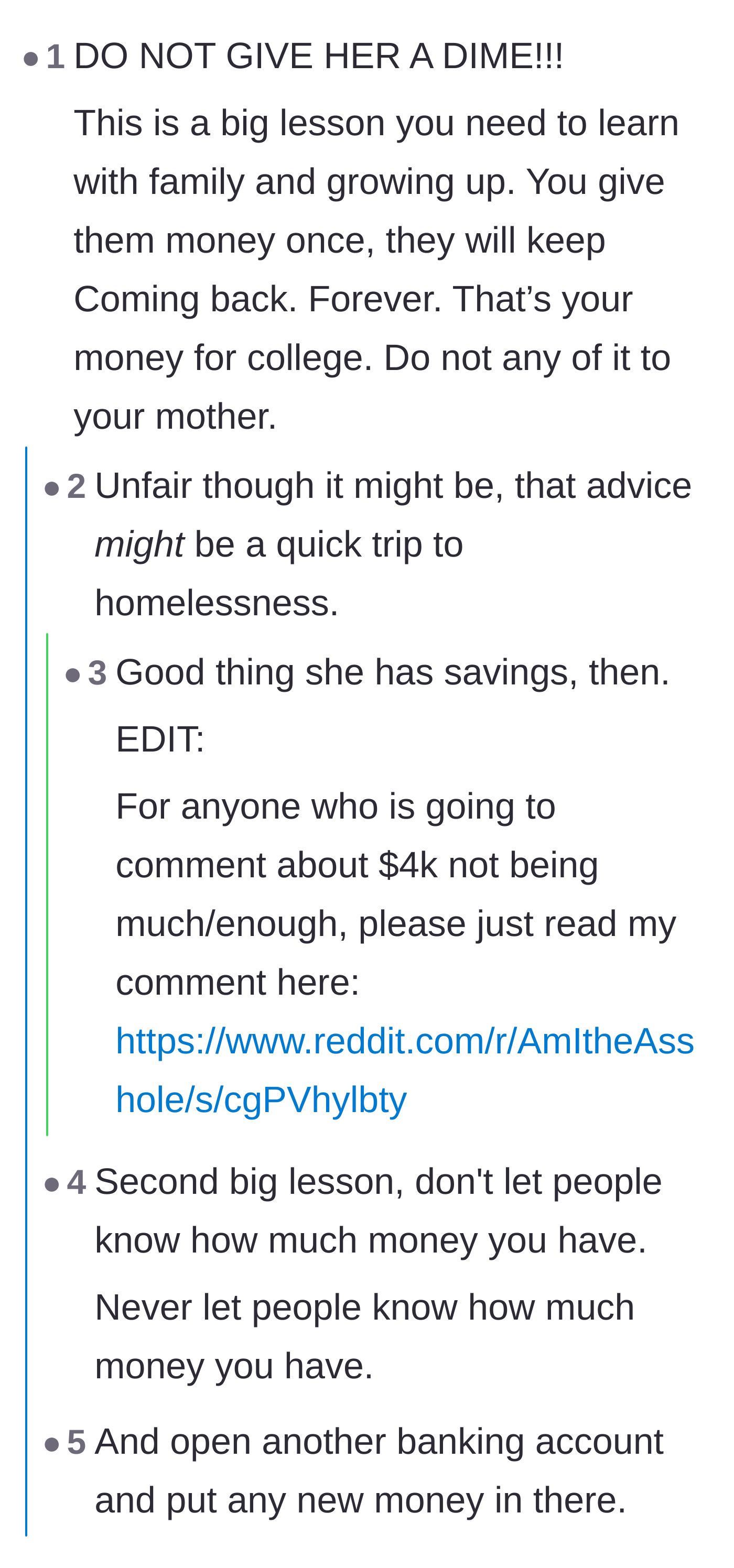 Comment thread 1 - A debate on the dangers of giving money to family and the logistics of moving out with $4,000.