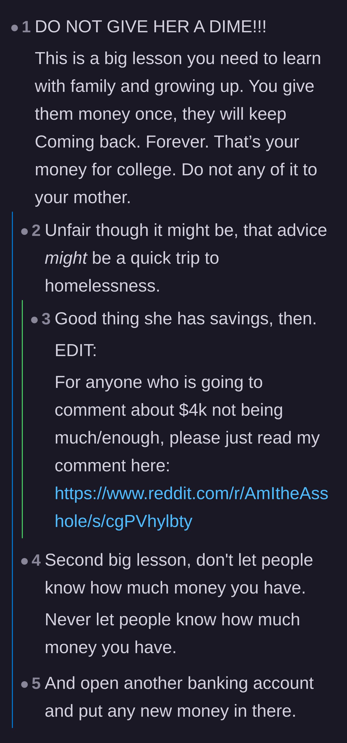 Comment thread 1 - A debate on the dangers of giving money to family and the logistics of moving out with $4,000.
