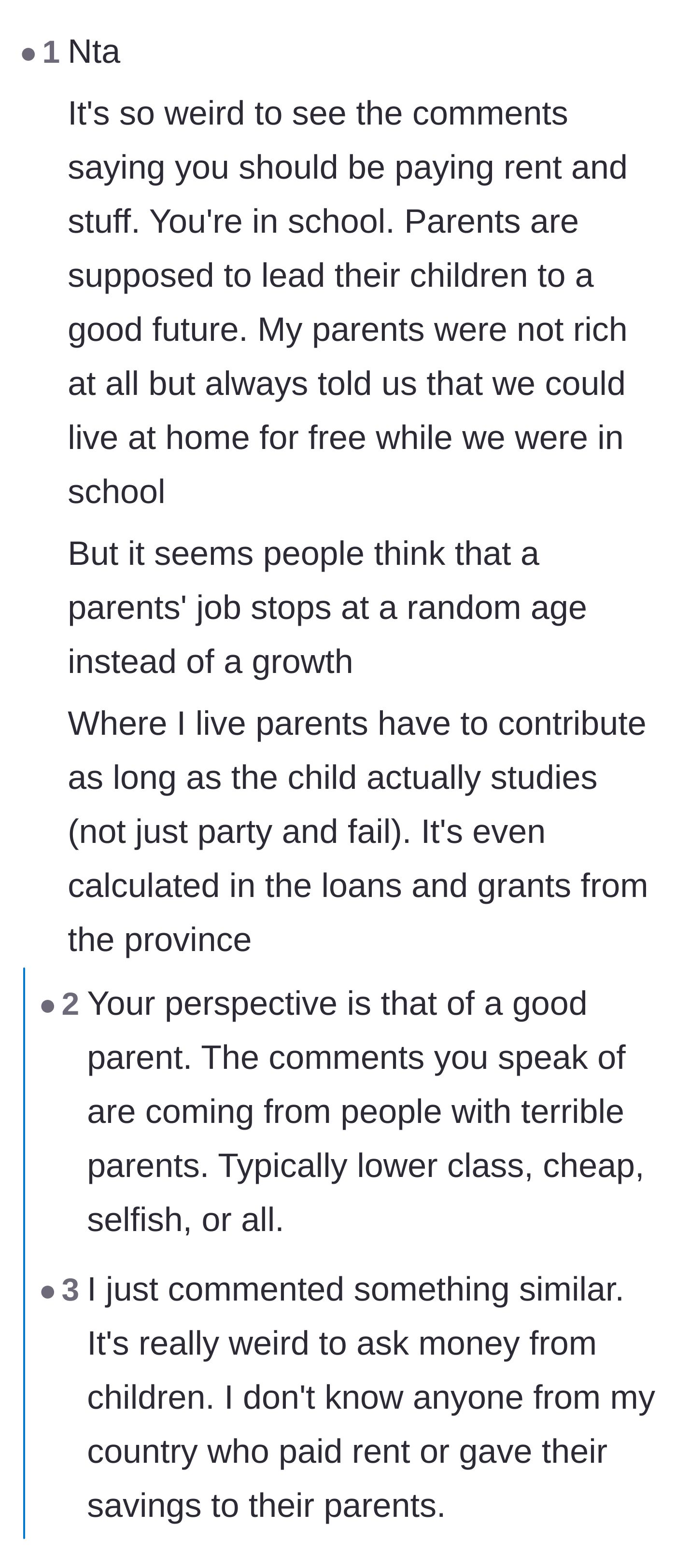 Comment thread 3 - An intense discussion about parental obligations and whether charging a college student rent is acceptable.