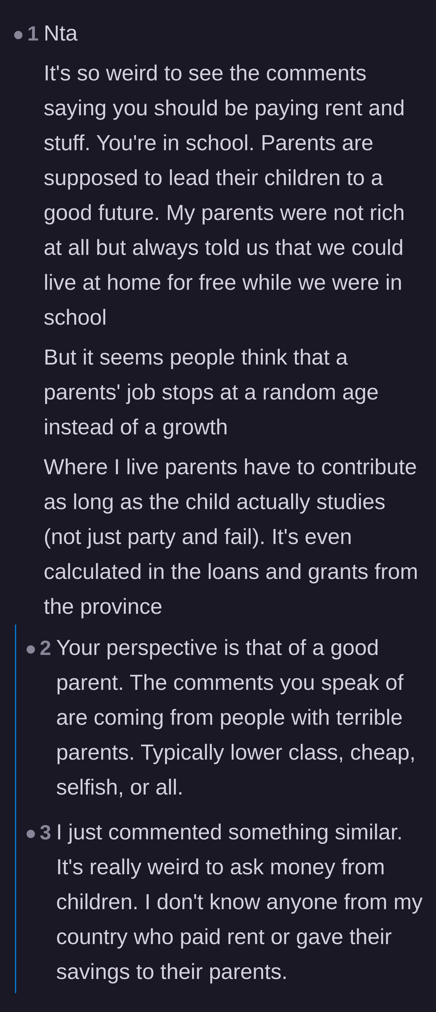 Comment thread 3 - An intense discussion about parental obligations and whether charging a college student rent is acceptable.