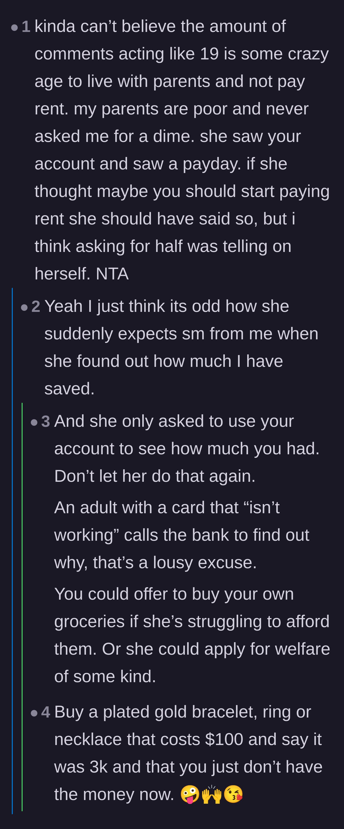 Comment thread 4 - Speculation over why the mother's card was declined and accusations of opportunistic behavior.