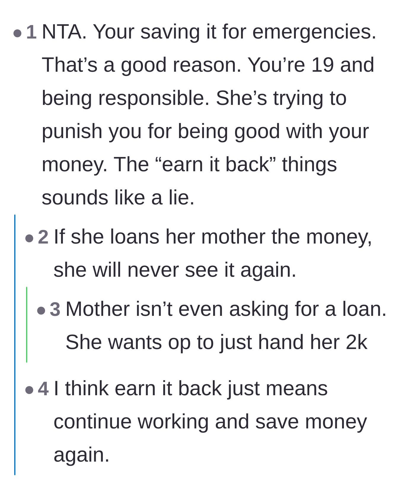Comment thread 6 - Criticism of the mother's dismissive claim that the daughter can just 'earn it back.'