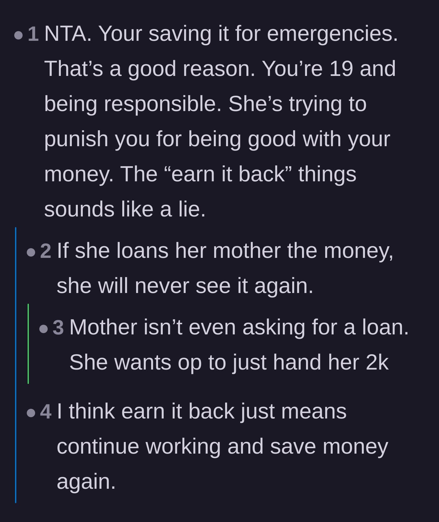 Comment thread 6 - Criticism of the mother's dismissive claim that the daughter can just 'earn it back.'