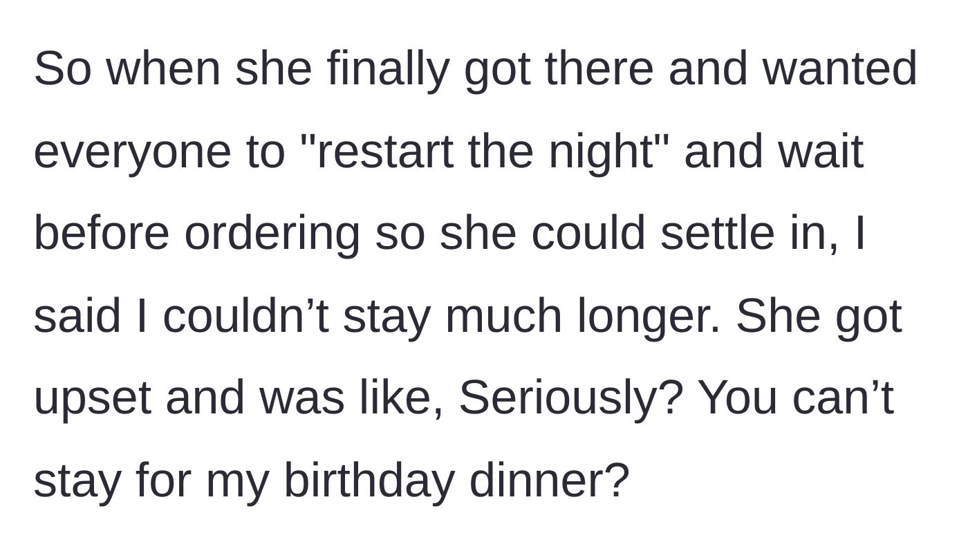 Story part 4 - The birthday girl demanding everyone wait even longer to restart the night, and the main character saying they can't stay.