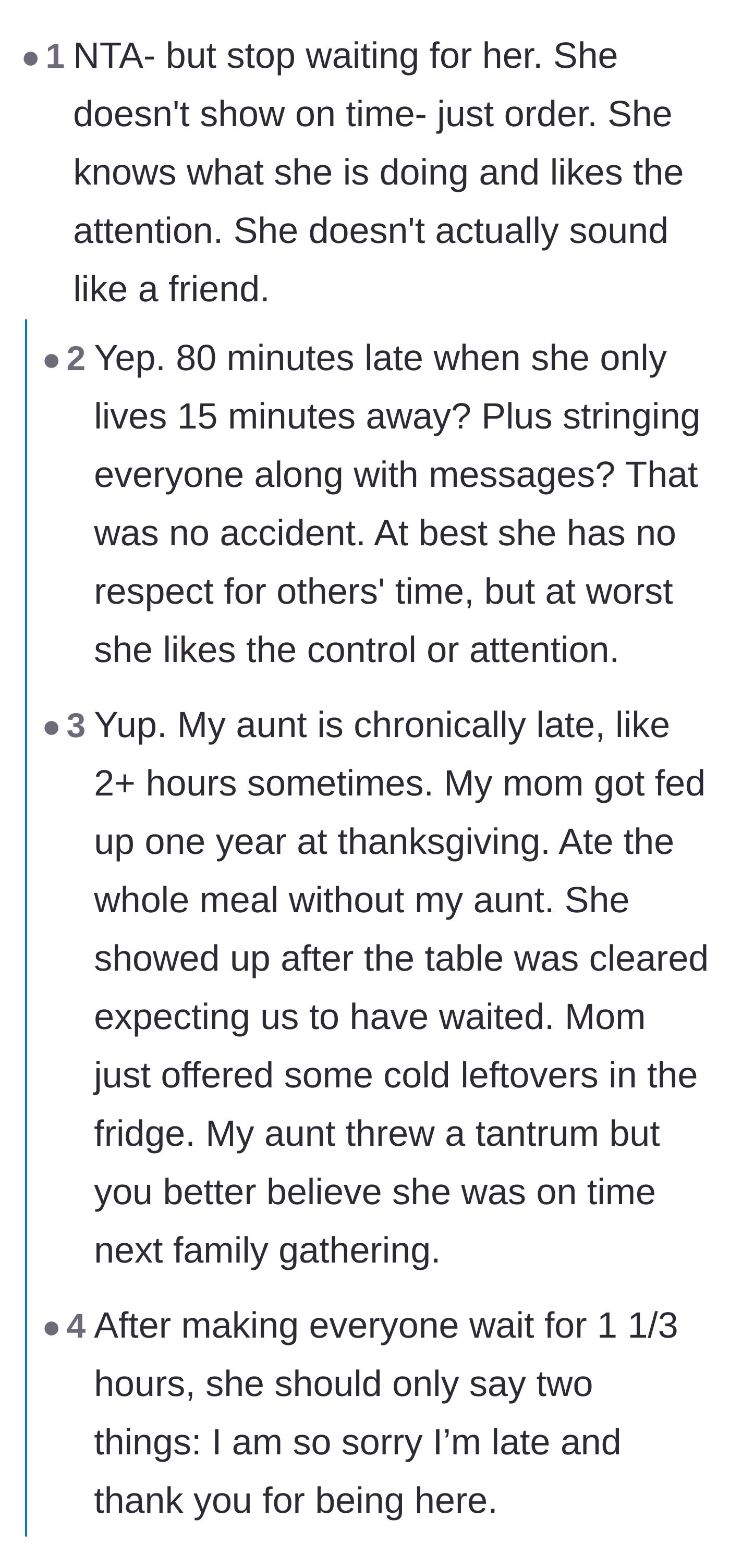 Comment thread 1 - Readers calling out the birthday girl's manipulative behavior and sharing a story of shutting down a chronically late aunt.