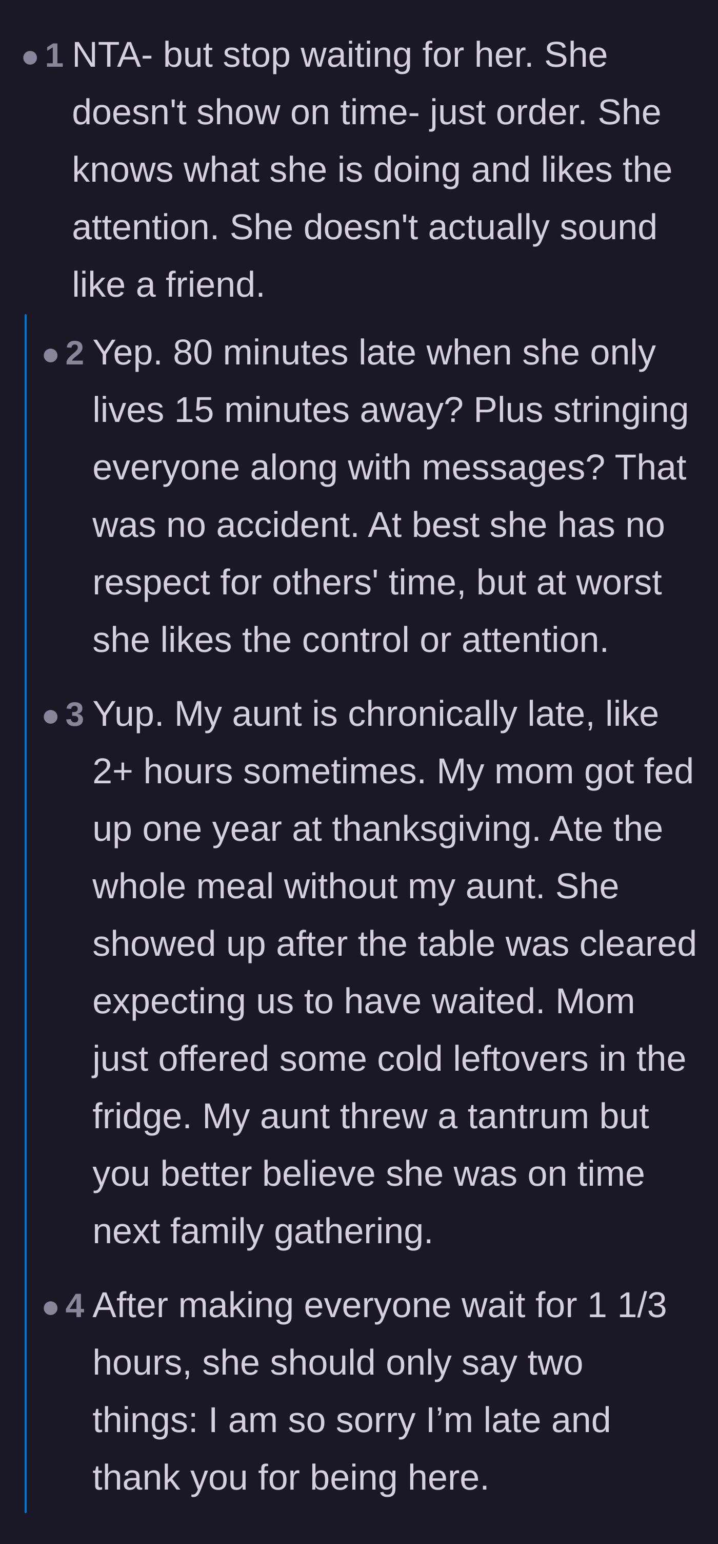 Comment thread 1 - Readers calling out the birthday girl's manipulative behavior and sharing a story of shutting down a chronically late aunt.