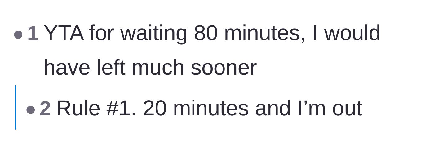 Comment thread 3 - A commenter saying the main character was wrong for waiting 80 minutes in the first place, citing a 20-minute limit.