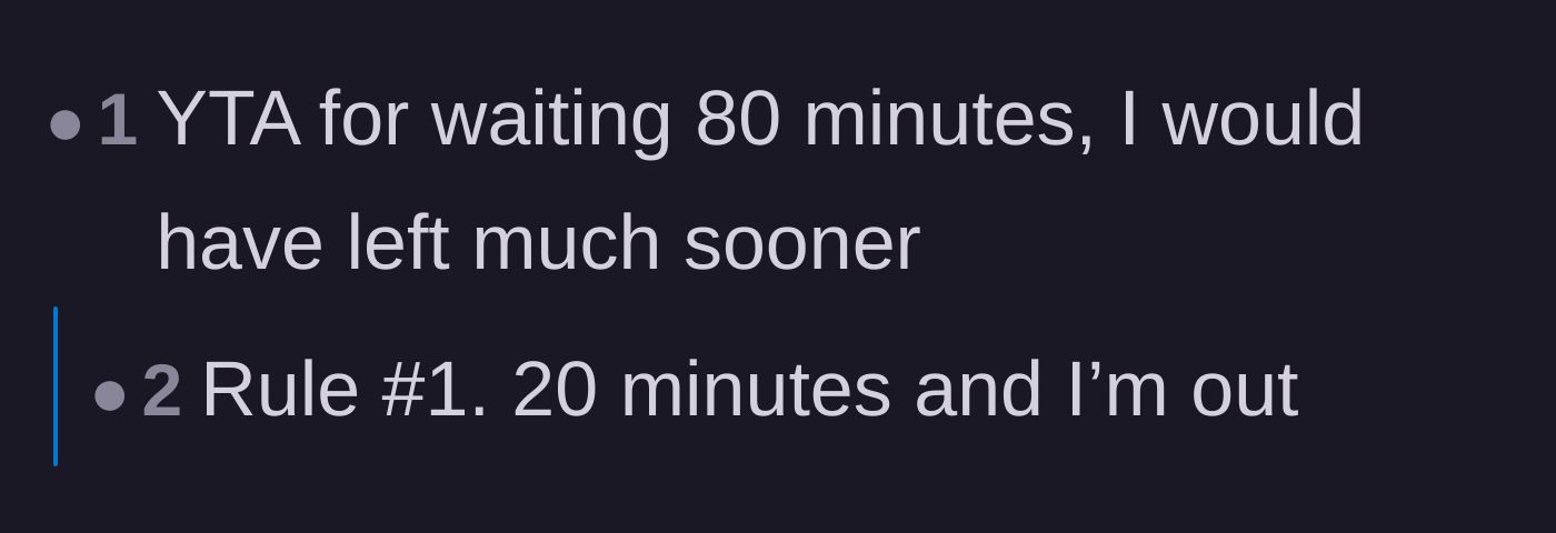 Comment thread 3 - A commenter saying the main character was wrong for waiting 80 minutes in the first place, citing a 20-minute limit.
