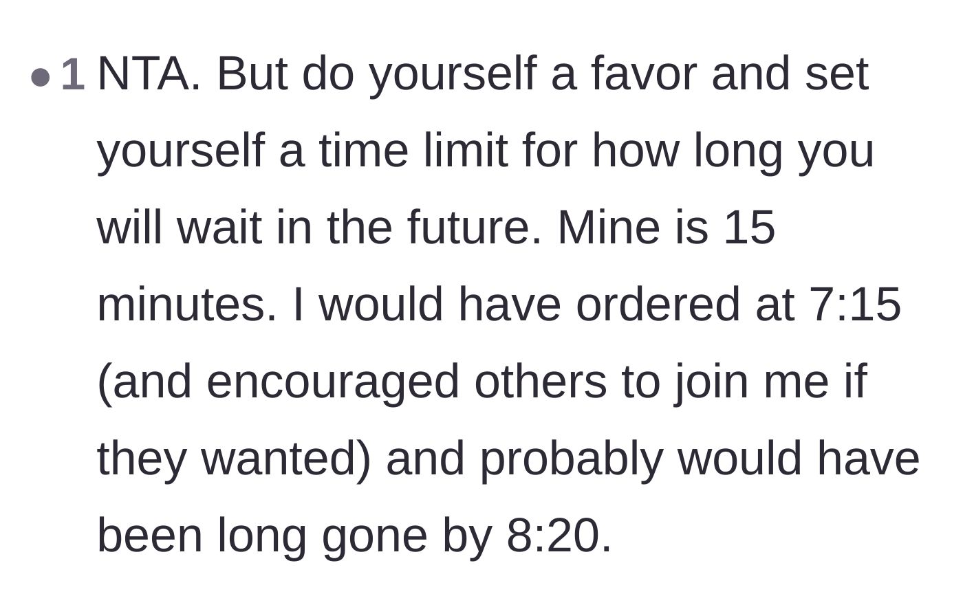 Comment thread 4 - Advice on setting a strict 15-minute waiting limit for the future and ordering without the guest of honor.