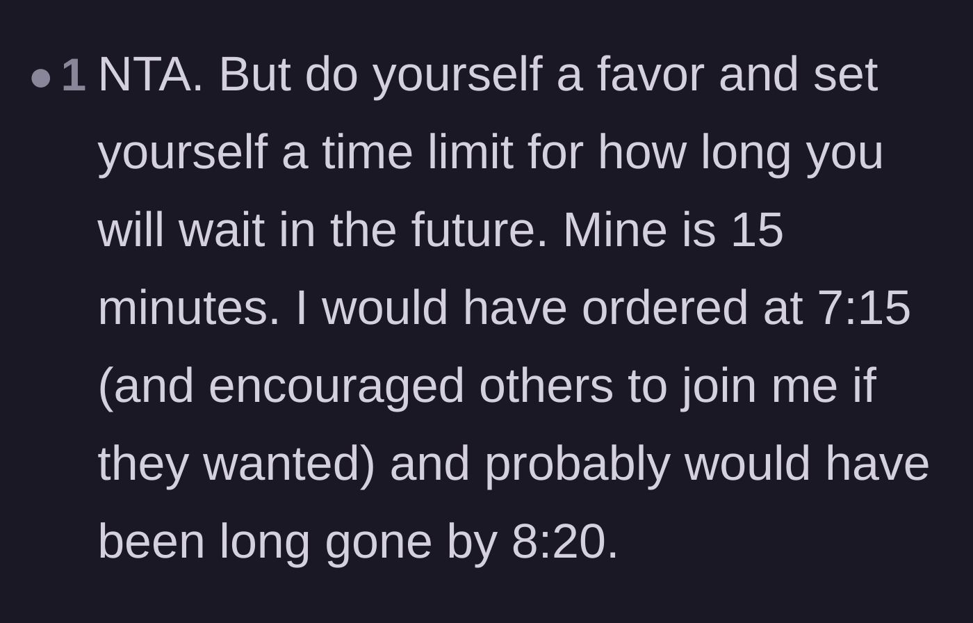 Comment thread 4 - Advice on setting a strict 15-minute waiting limit for the future and ordering without the guest of honor.