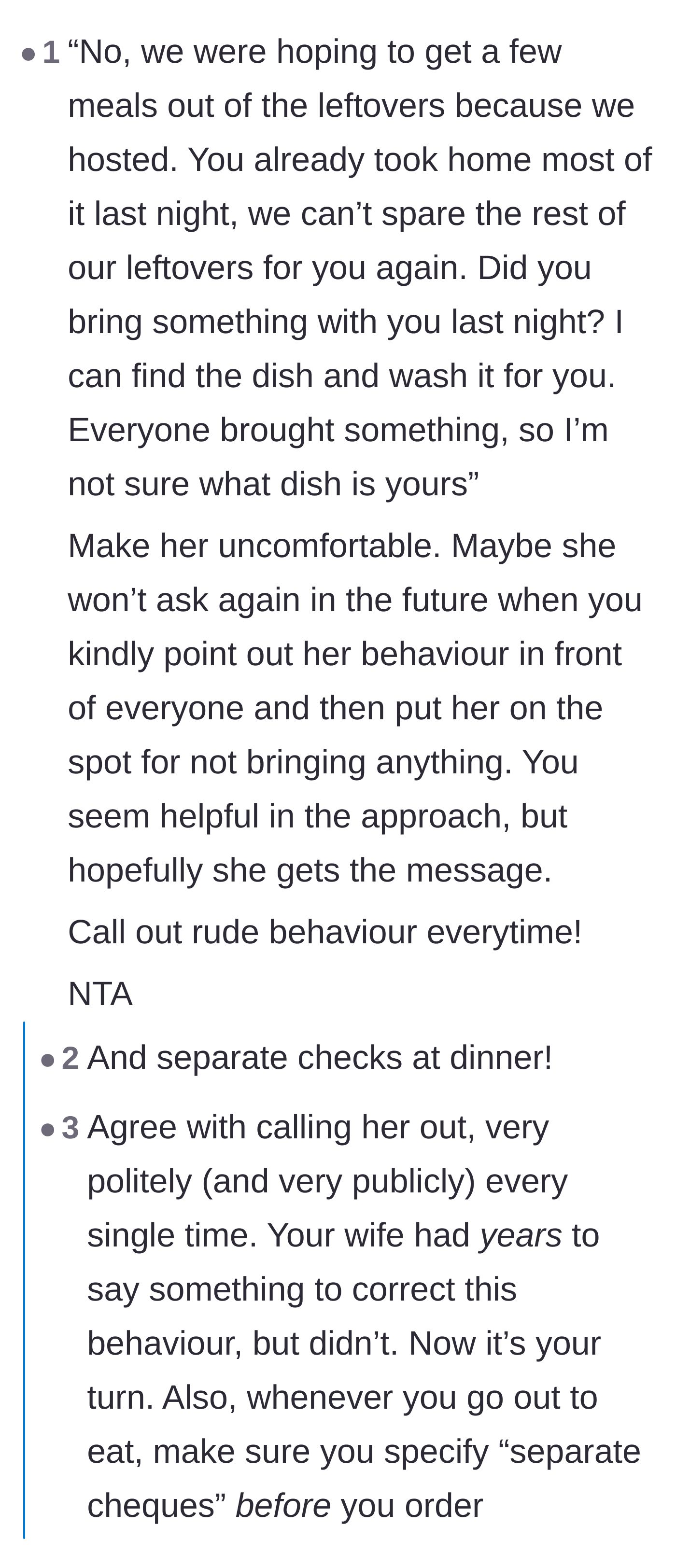 Comment thread 1 - Readers advise the host to publicly call out the sister-in-law's lack of contribution and demand separate checks before eating.