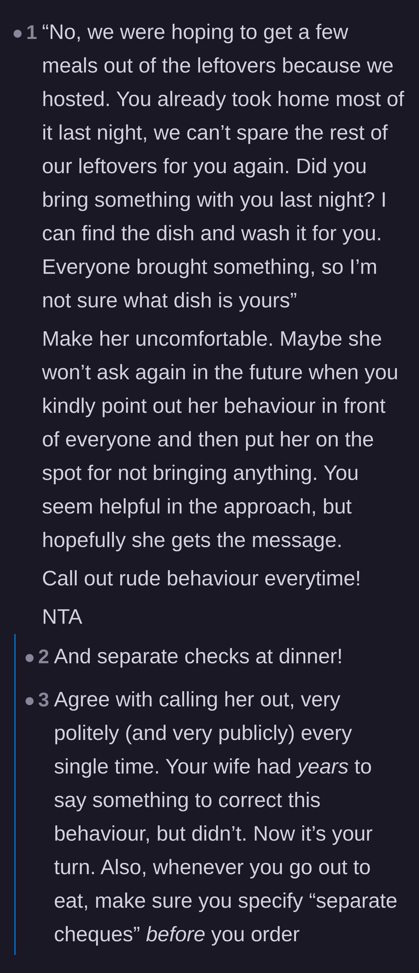 Comment thread 1 - Readers advise the host to publicly call out the sister-in-law's lack of contribution and demand separate checks before eating.