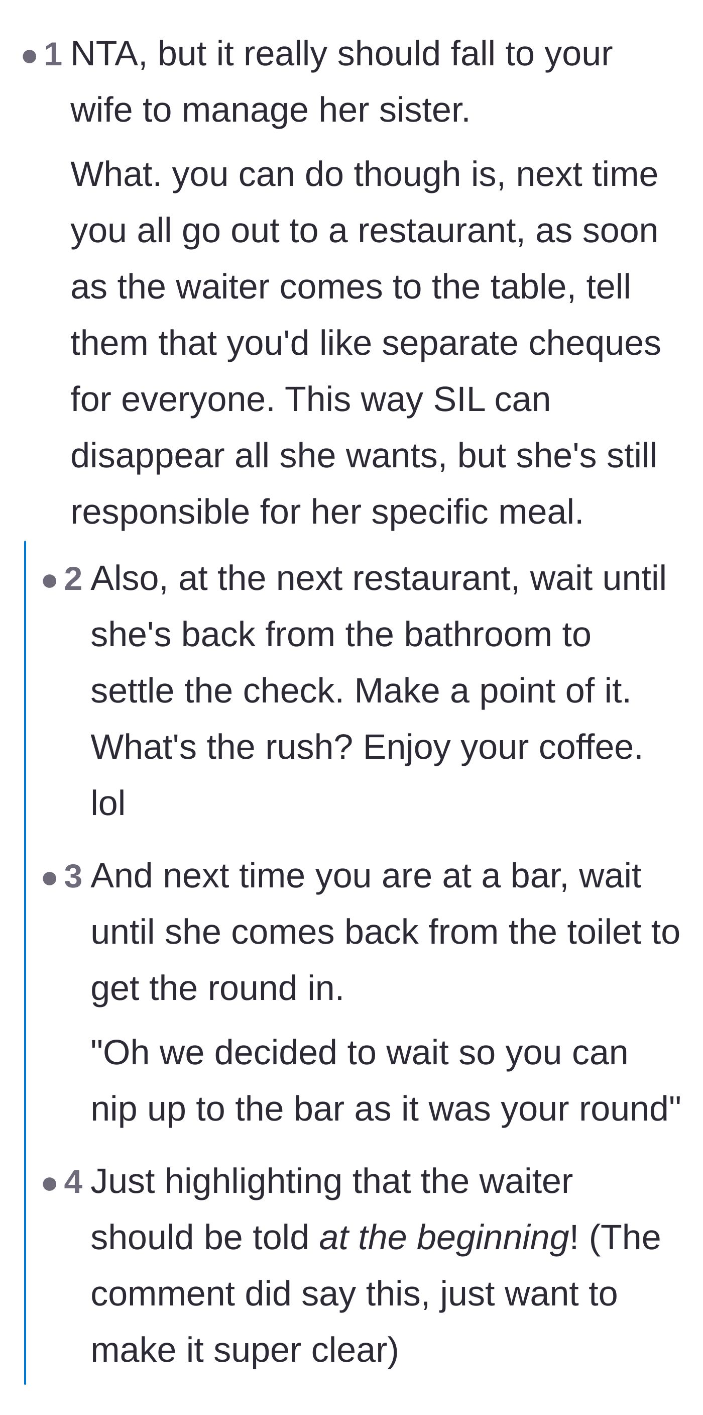 Comment thread 2 - Commenters suggest waiting for the sister-in-law to return from her strategic bathroom breaks before settling the restaurant bill.