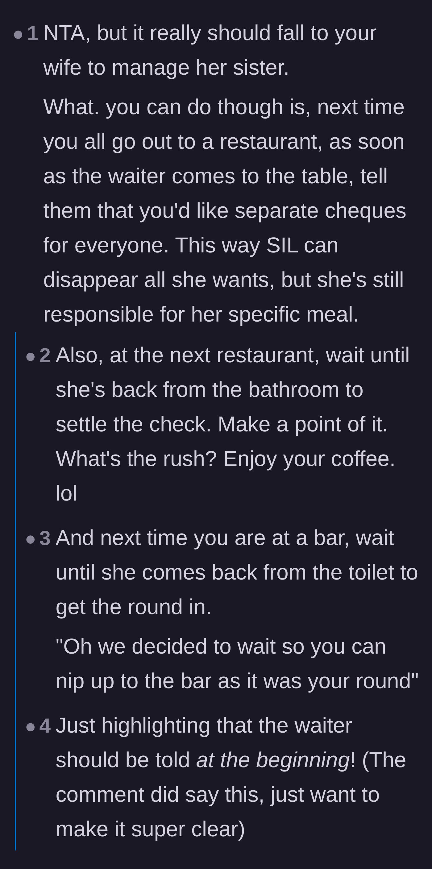 Comment thread 2 - Commenters suggest waiting for the sister-in-law to return from her strategic bathroom breaks before settling the restaurant bill.