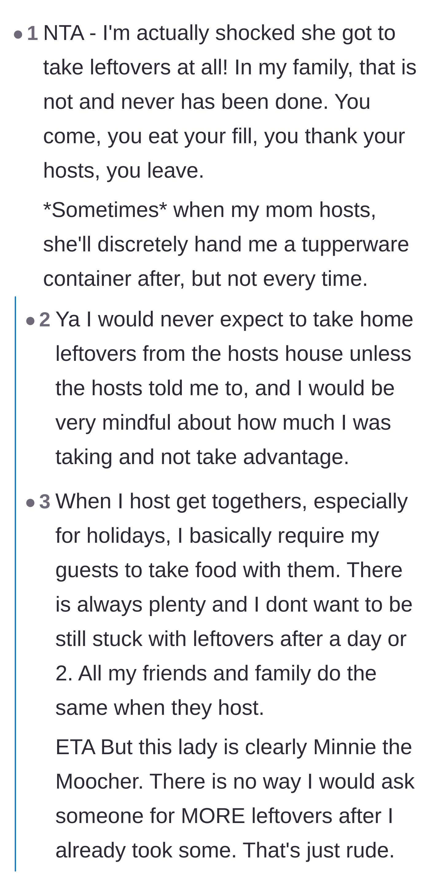 Comment thread 3 - A heated debate on leftover etiquette and how it is incredibly rude to pack your own containers at someone else's house.