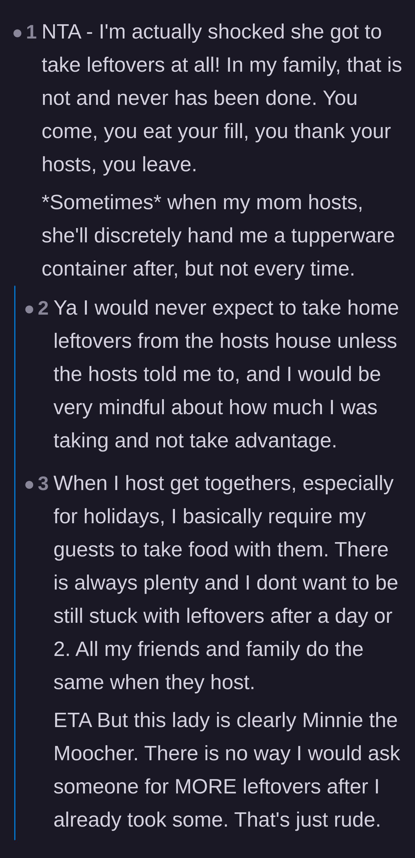 Comment thread 3 - A heated debate on leftover etiquette and how it is incredibly rude to pack your own containers at someone else's house.