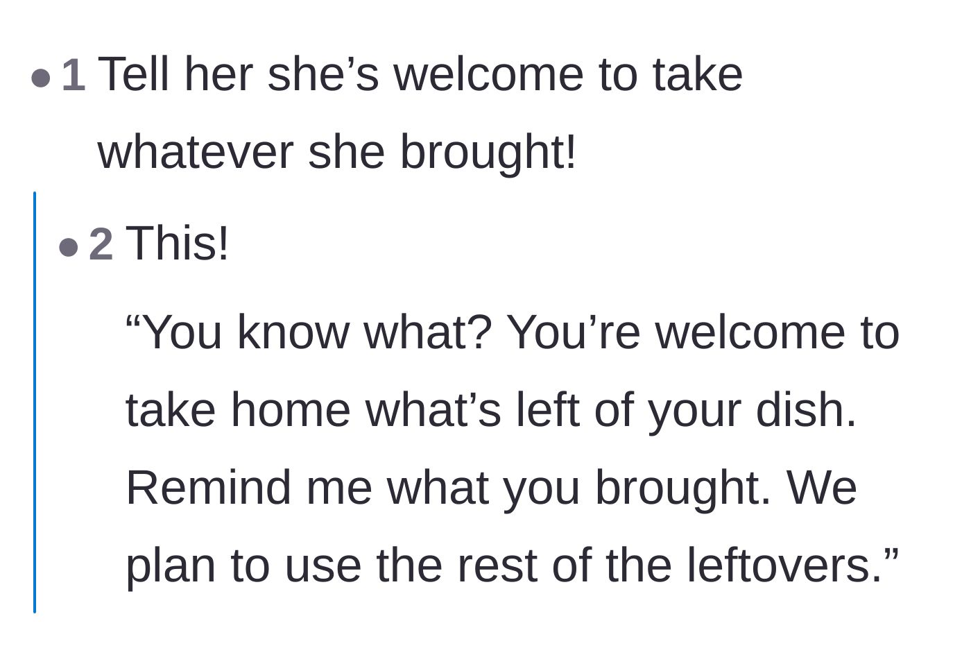Comment thread 5 - A sassy suggestion to only allow the sister-in-law to take home the leftovers of the dish she originally brought.