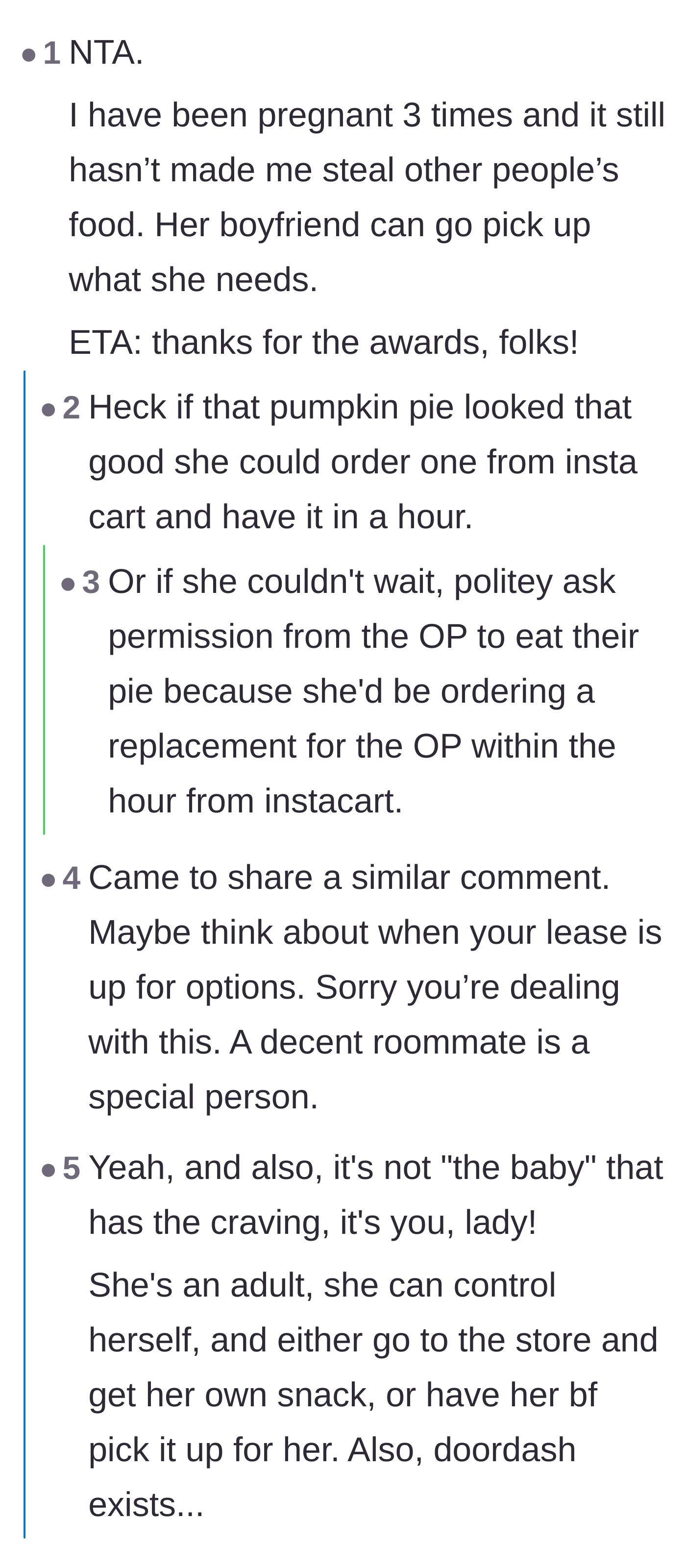 Comment thread 1 - Mothers chiming in to confirm that pregnancy does not turn you into a helpless food thief, suggesting delivery apps instead.