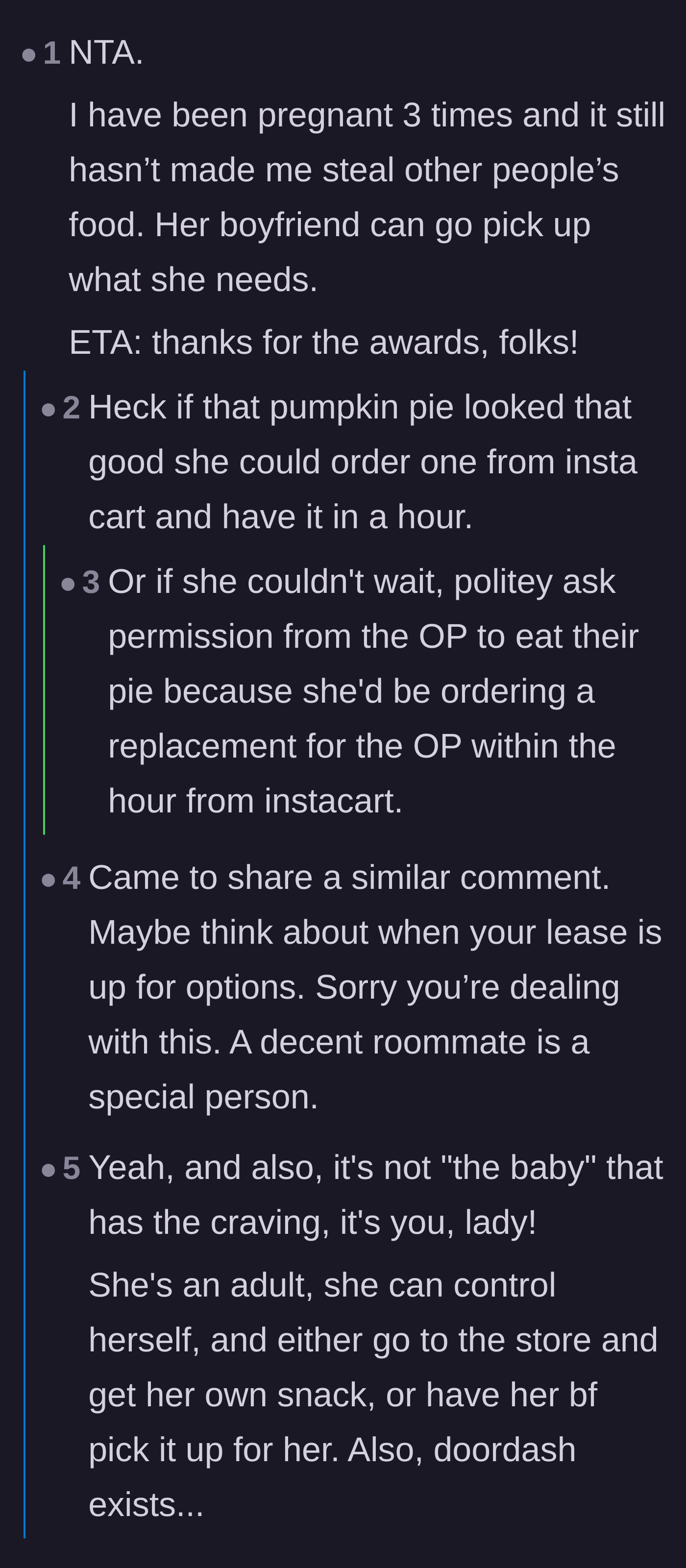 Comment thread 1 - Mothers chiming in to confirm that pregnancy does not turn you into a helpless food thief, suggesting delivery apps instead.