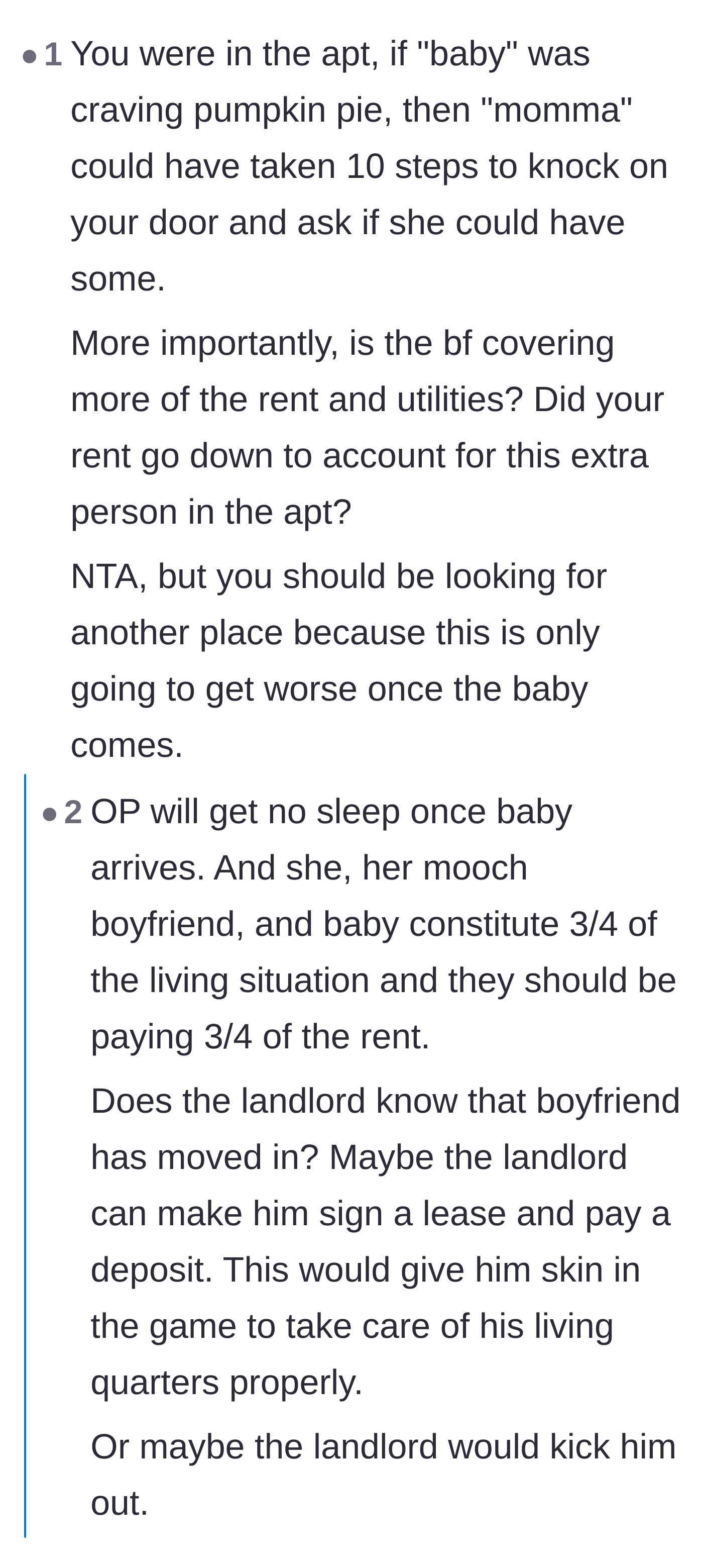 Comment thread 2 - Readers pointing out the nightmare of living with an uninvited boyfriend and an incoming newborn, urging the author to move out.