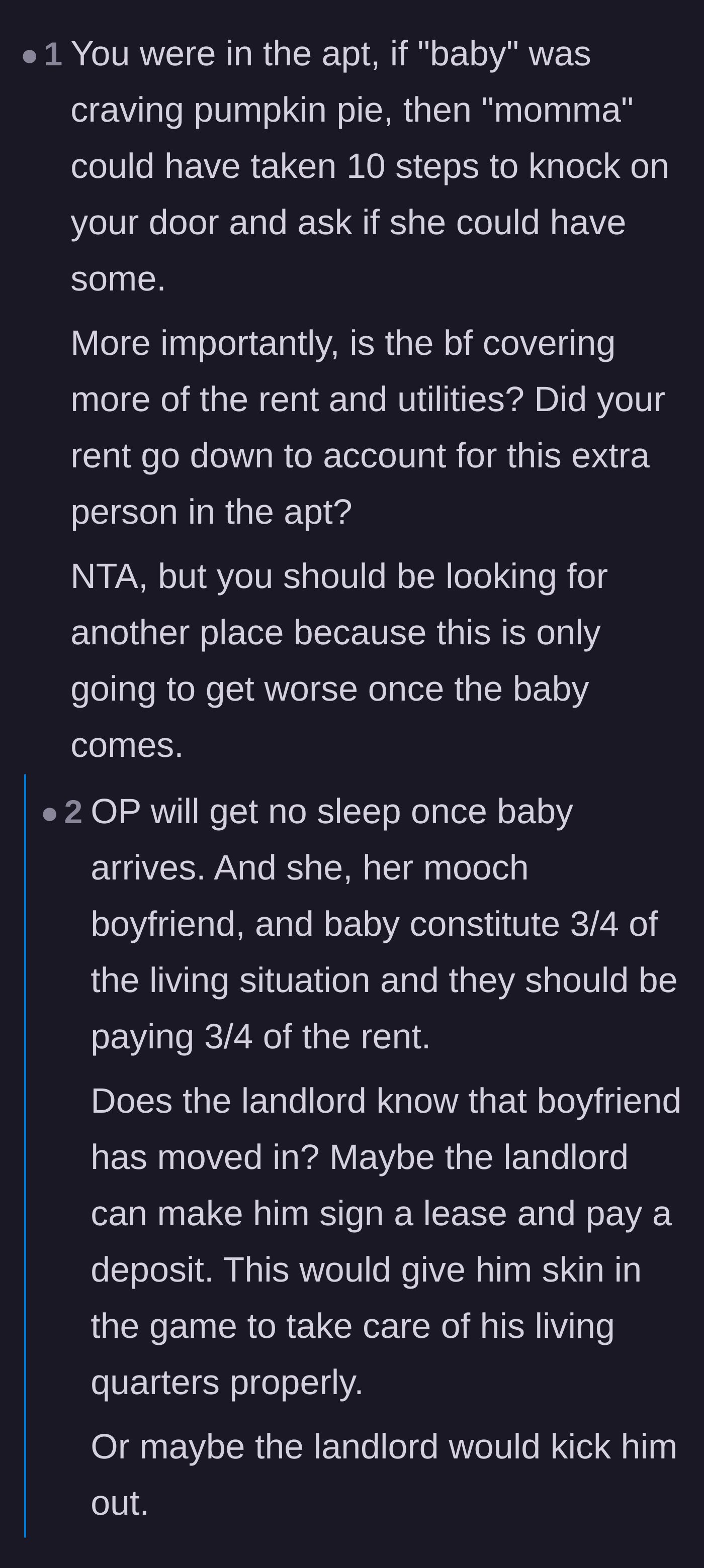 Comment thread 2 - Readers pointing out the nightmare of living with an uninvited boyfriend and an incoming newborn, urging the author to move out.