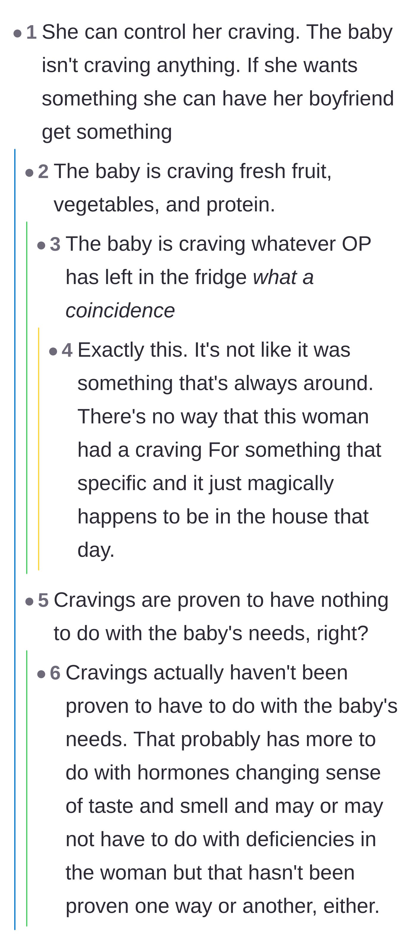 Comment thread 3 - A discussion on how the unborn baby isn't the one craving pumpkin pie, and how conveniently the cravings match the fridge inventory.