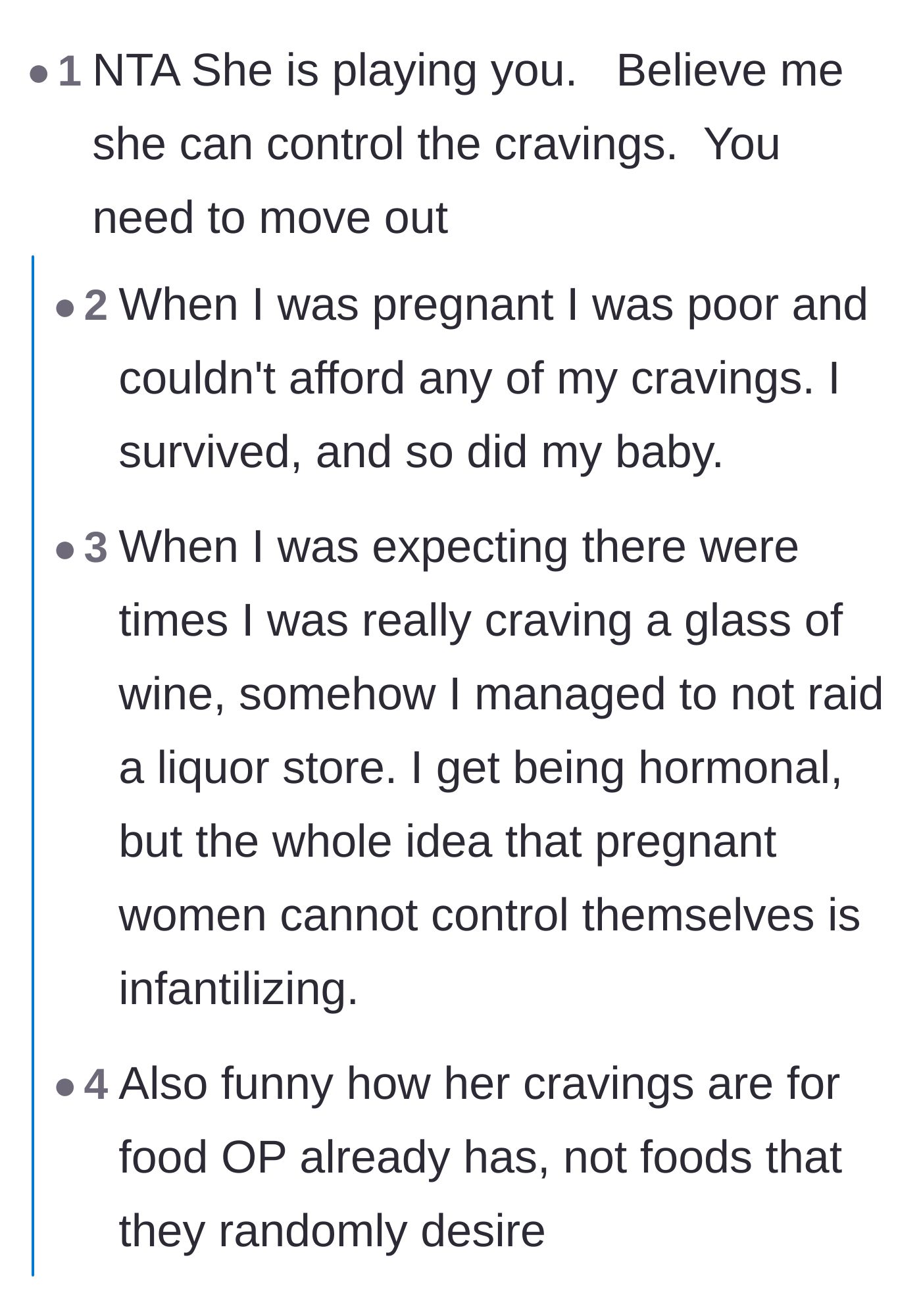 Comment thread 4 - Debating how the idea that pregnant women can't control their urges is infantilizing, mixed with a wholesome thread about empathy.