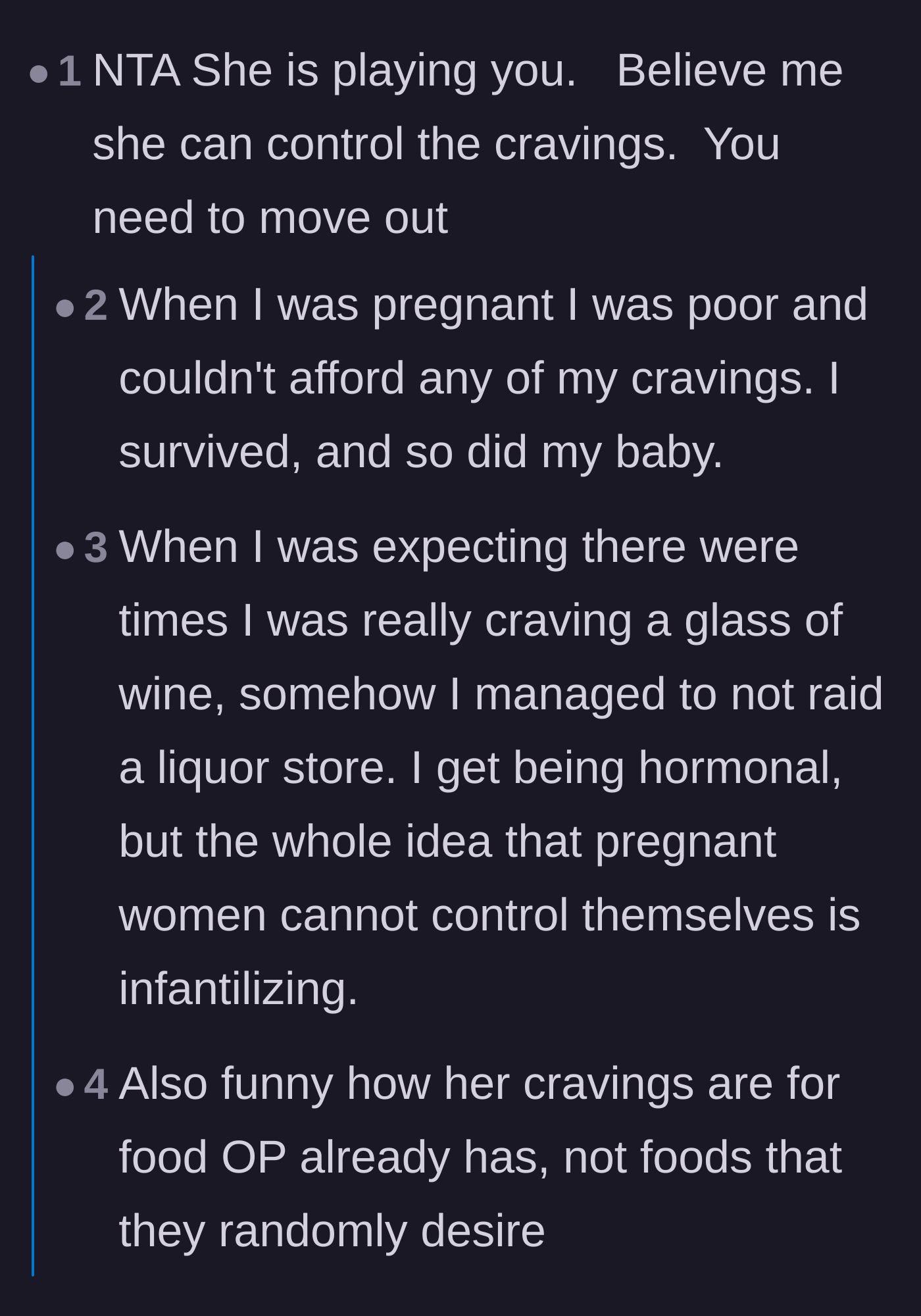 Comment thread 4 - Debating how the idea that pregnant women can't control their urges is infantilizing, mixed with a wholesome thread about empathy.