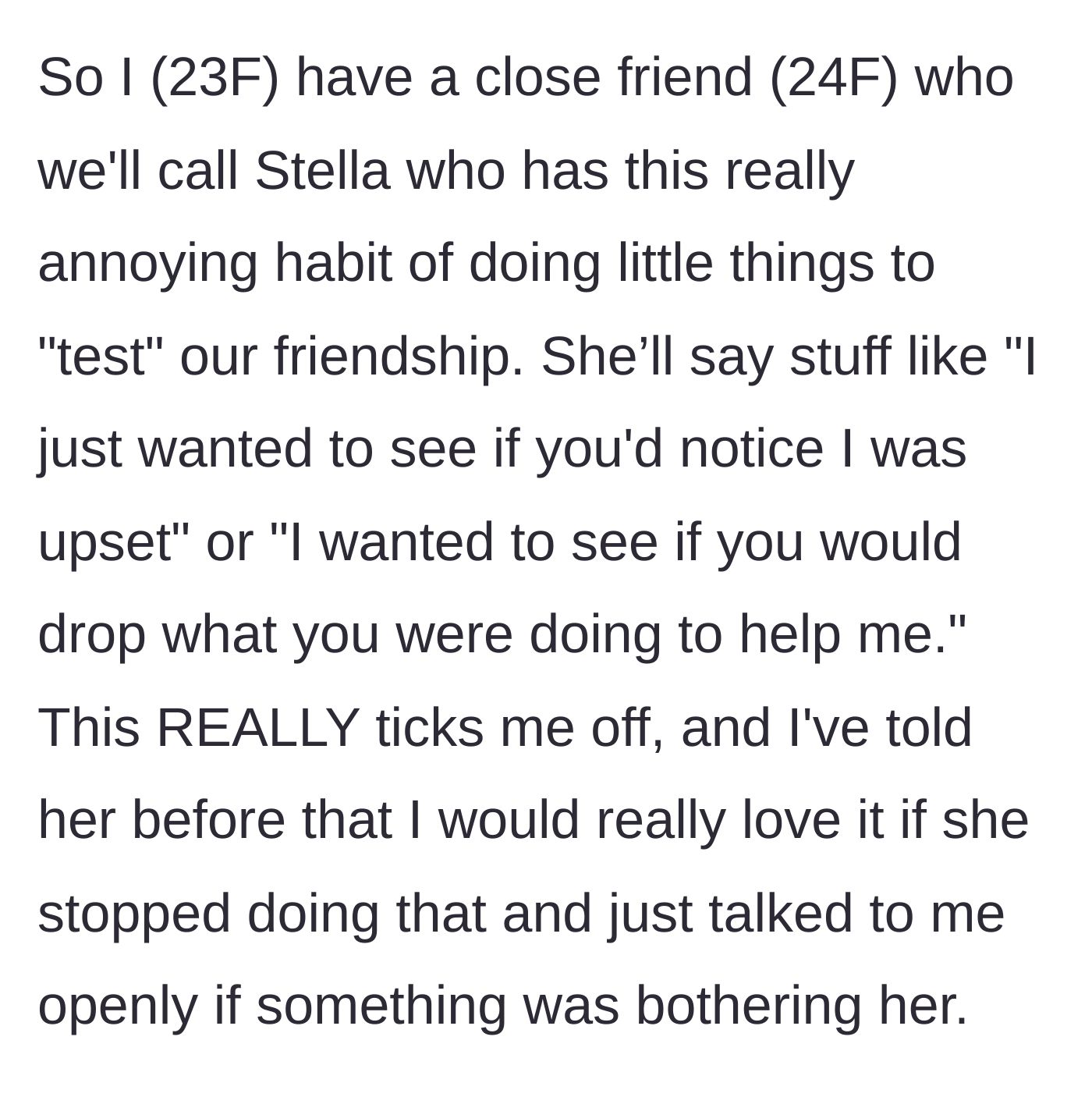 Story part 1 - Explaining the friend's annoying habit of giving pop quizzes to test their relationship.