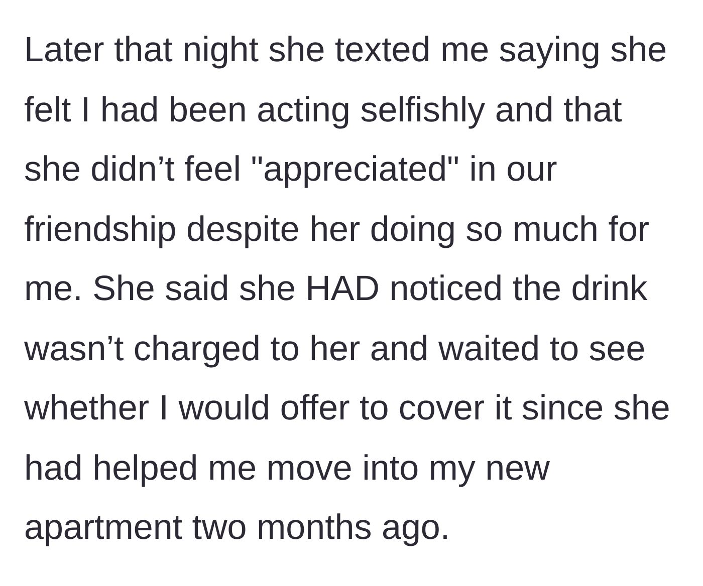 Story part 5 - Stella texting later to admit she deliberately left the drink off her tab to see if the main character would cover it as a thank-you.