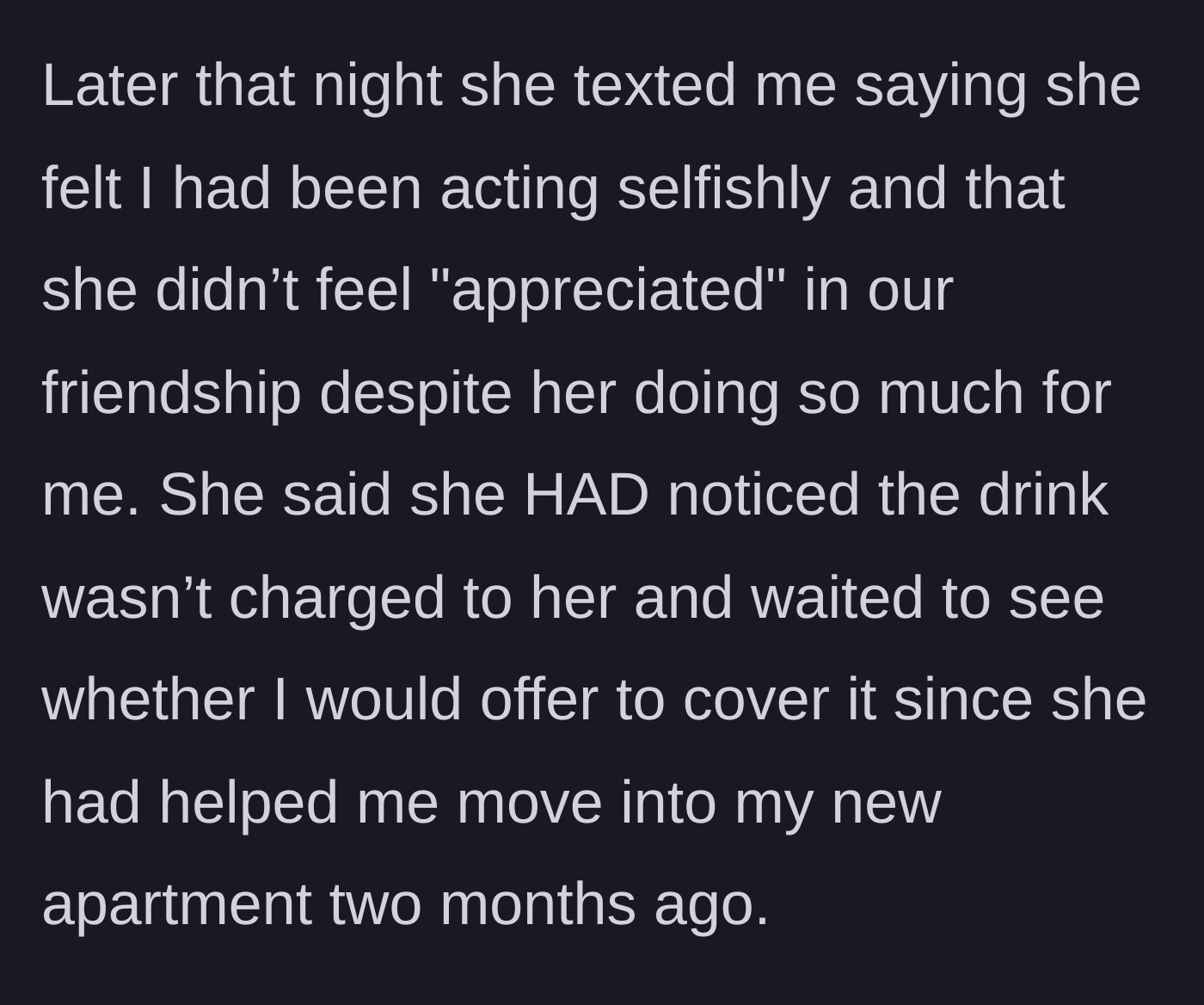Story part 5 - Stella texting later to admit she deliberately left the drink off her tab to see if the main character would cover it as a thank-you.
