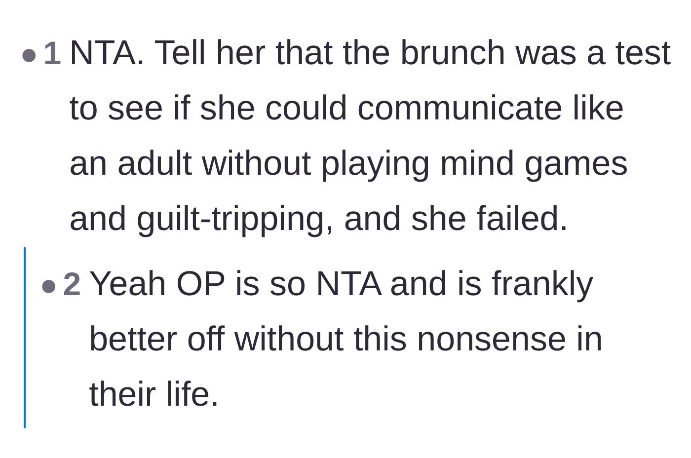 Comment thread 1 - Suggesting the main character flip the script and tell the friend she failed a communication test