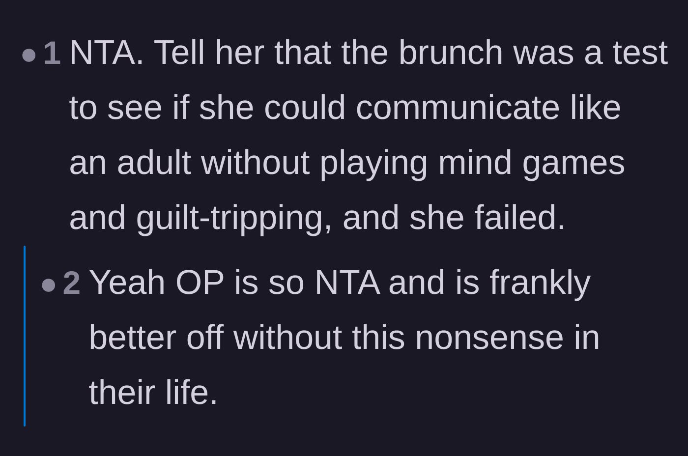 Comment thread 1 - Suggesting the main character flip the script and tell the friend she failed a communication test