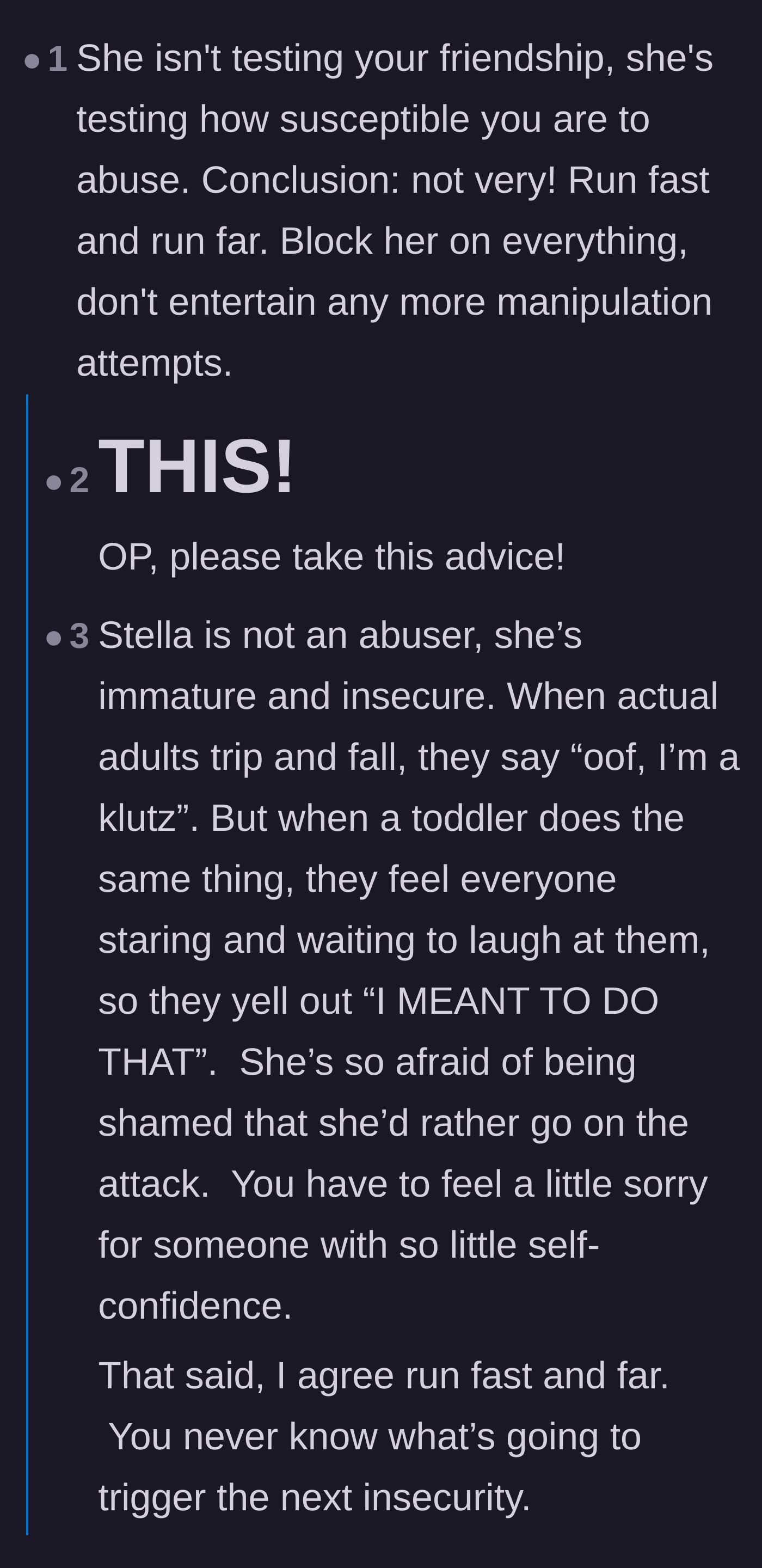 Comment thread 2 - Breaking down how friendship tests are actually a way to gauge susceptibility to abuse and manipulation