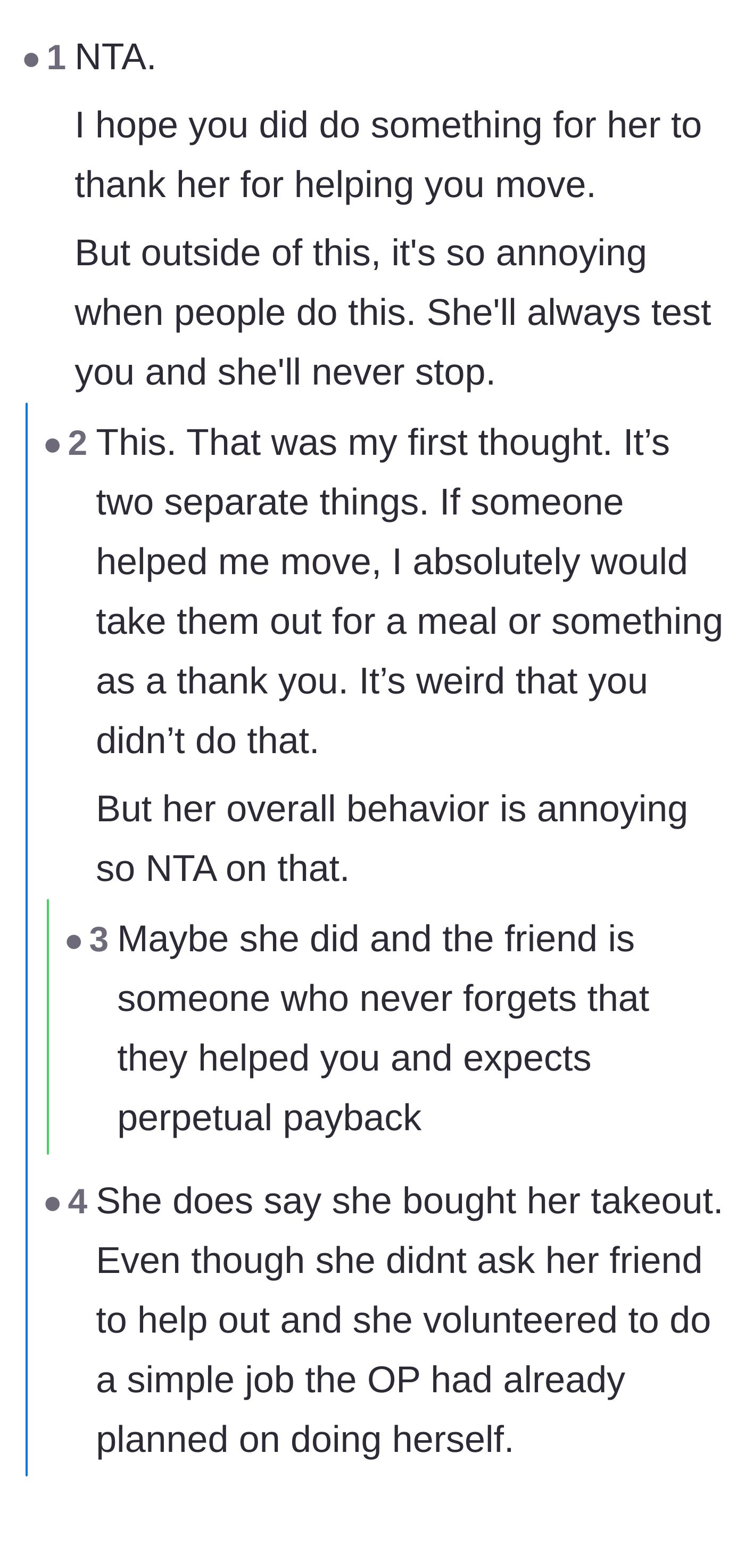 Comment thread 3 - Debating moving-day etiquette and confirming the main character already provided the standard takeout thank-you