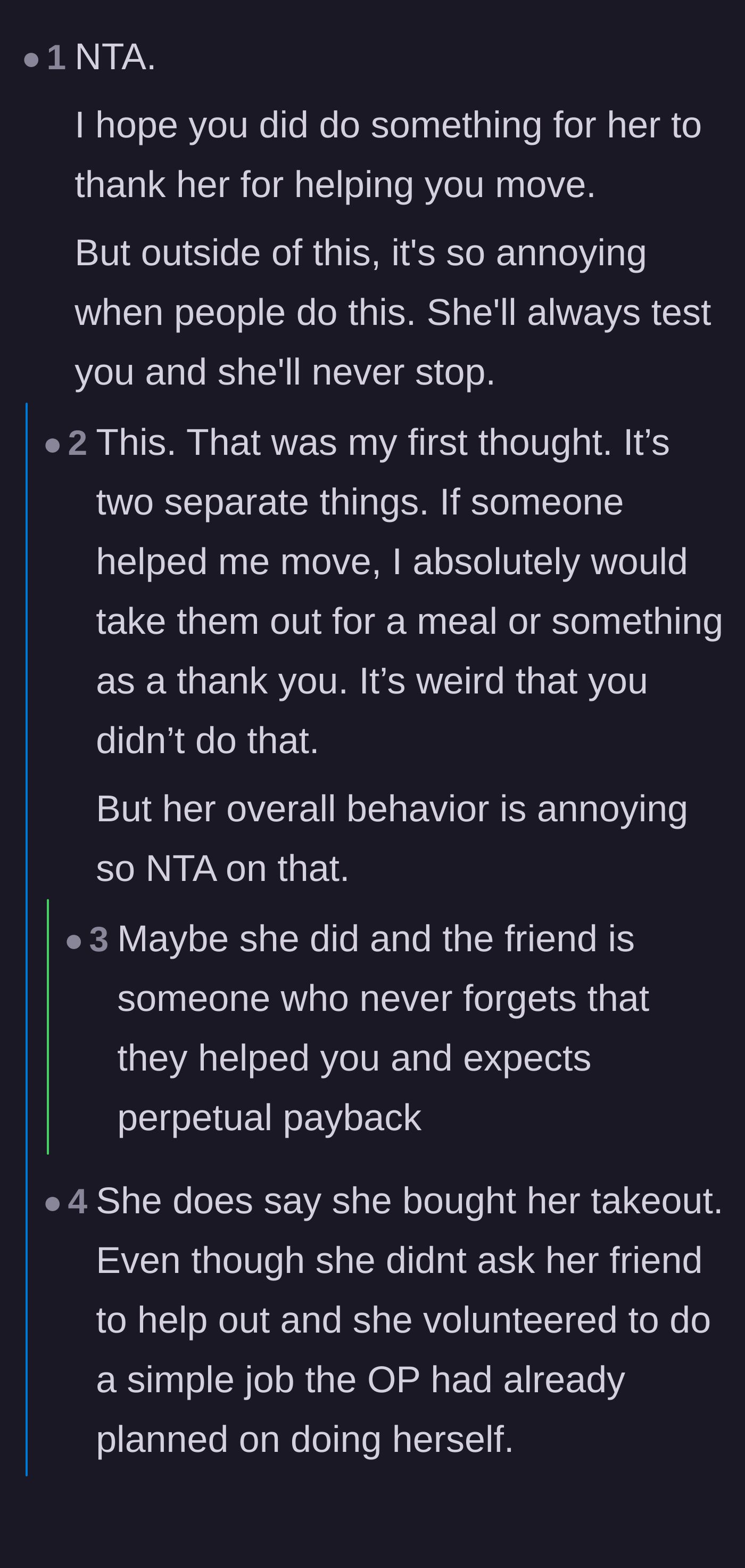Comment thread 3 - Debating moving-day etiquette and confirming the main character already provided the standard takeout thank-you