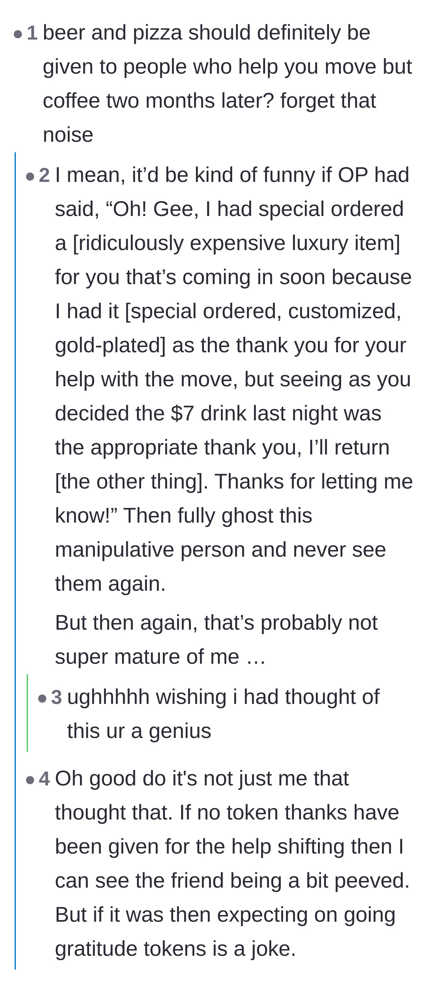 Comment thread 5 - A reader inventing a sarcastic, petty comeback about returning an expensive luxury thank-you gift