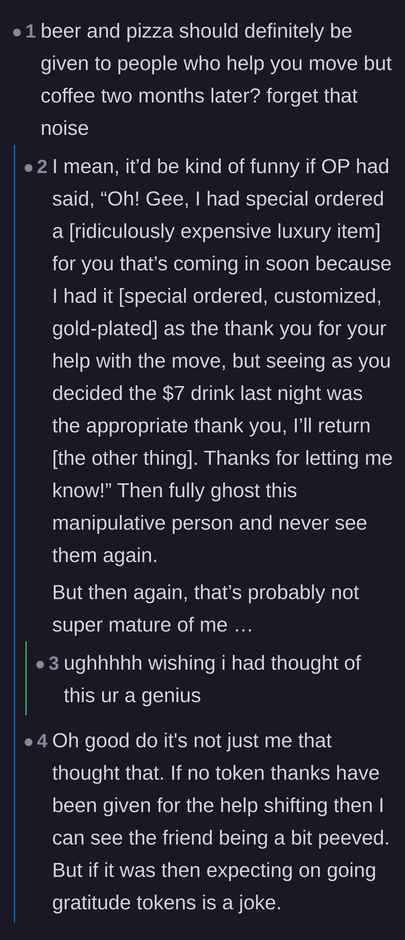 Comment thread 5 - A reader inventing a sarcastic, petty comeback about returning an expensive luxury thank-you gift