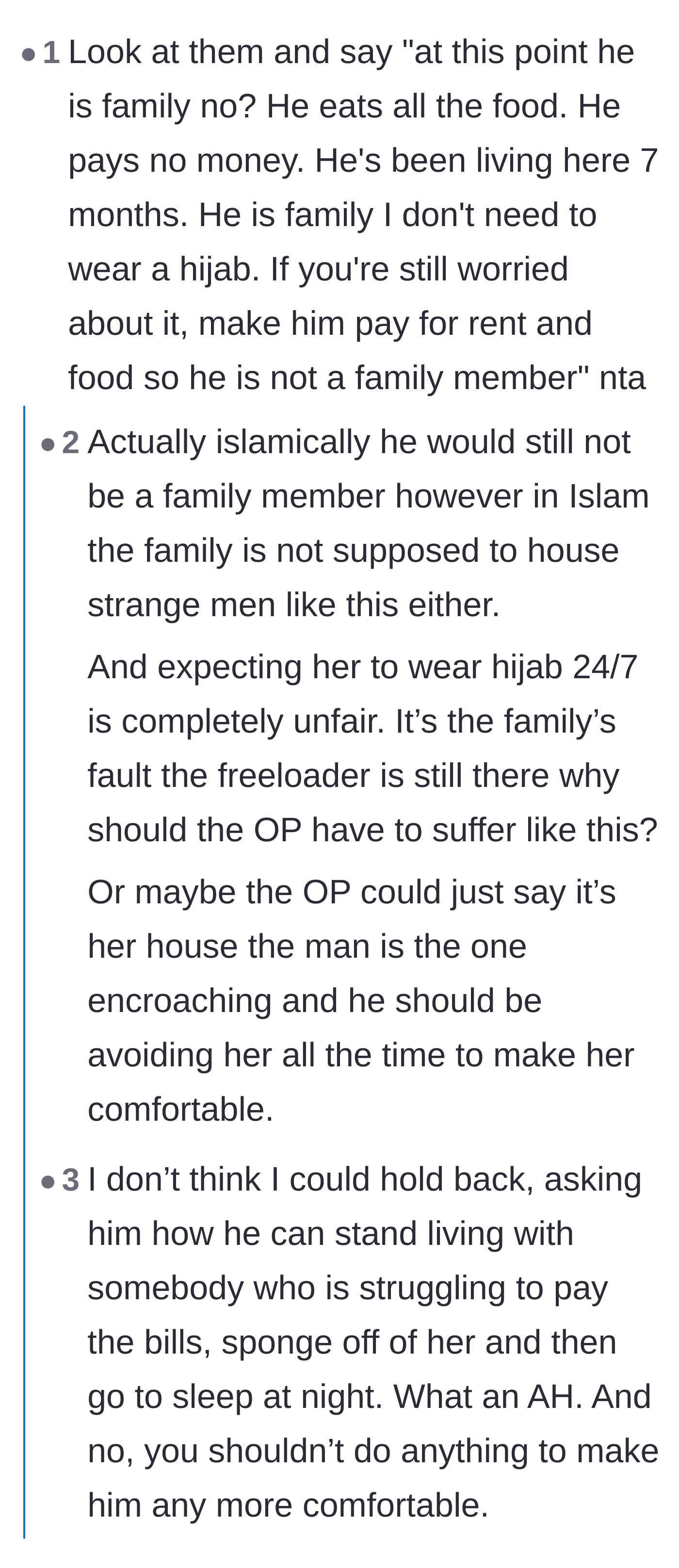 Comment thread 1 - Discussing the religious hypocrisy of housing an unrelated man and suggesting he either pay rent or move out.