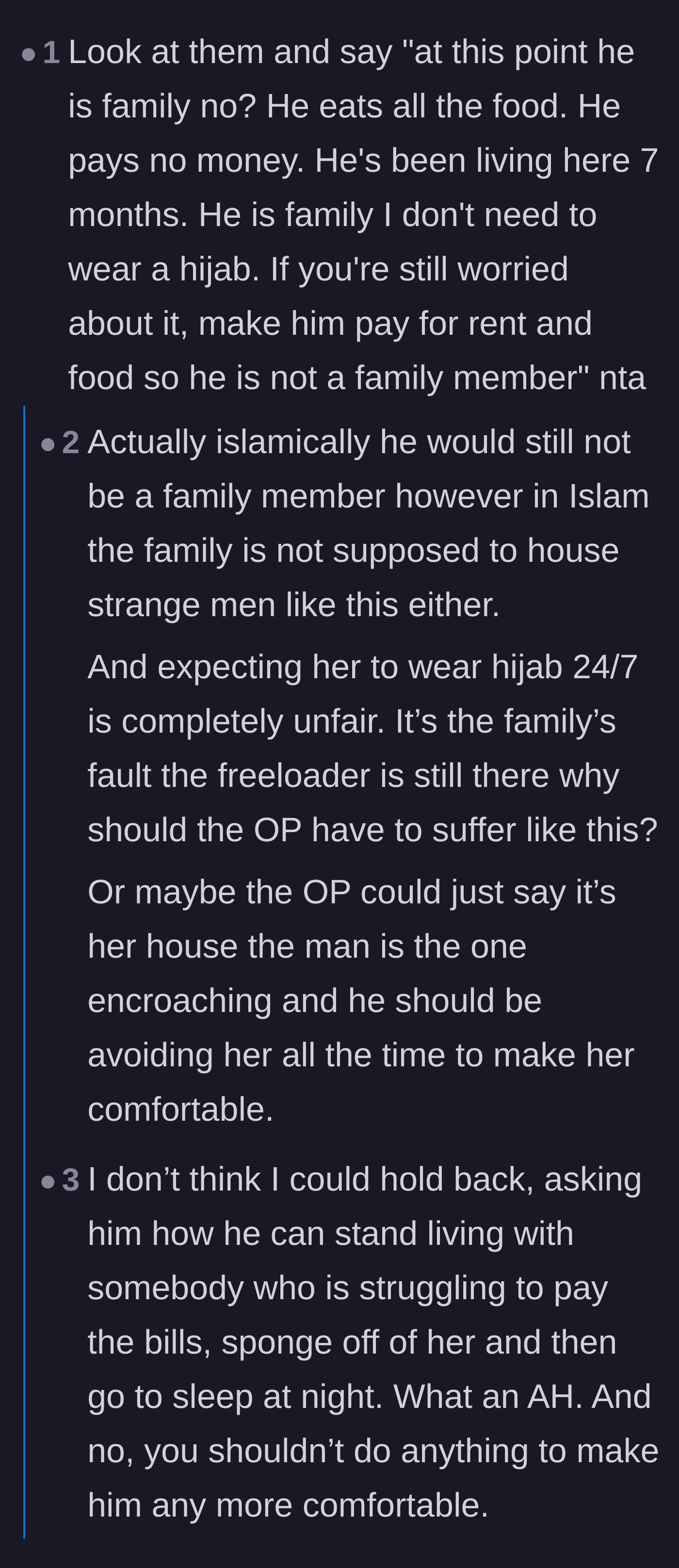 Comment thread 1 - Discussing the religious hypocrisy of housing an unrelated man and suggesting he either pay rent or move out.