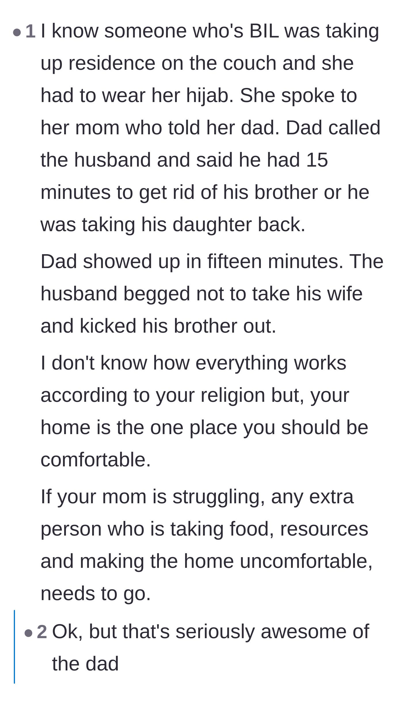 Comment thread 3 - A story about a father who threatened to take his daughter home if her husband didn't kick out his mooching brother.