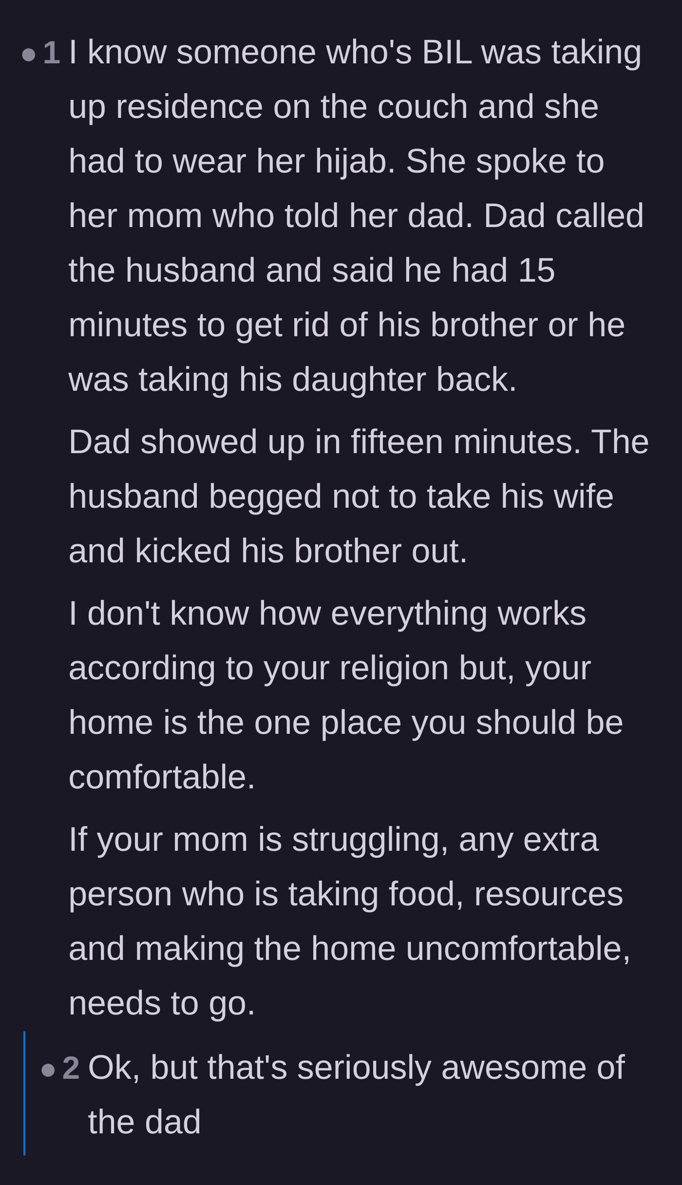 Comment thread 3 - A story about a father who threatened to take his daughter home if her husband didn't kick out his mooching brother.