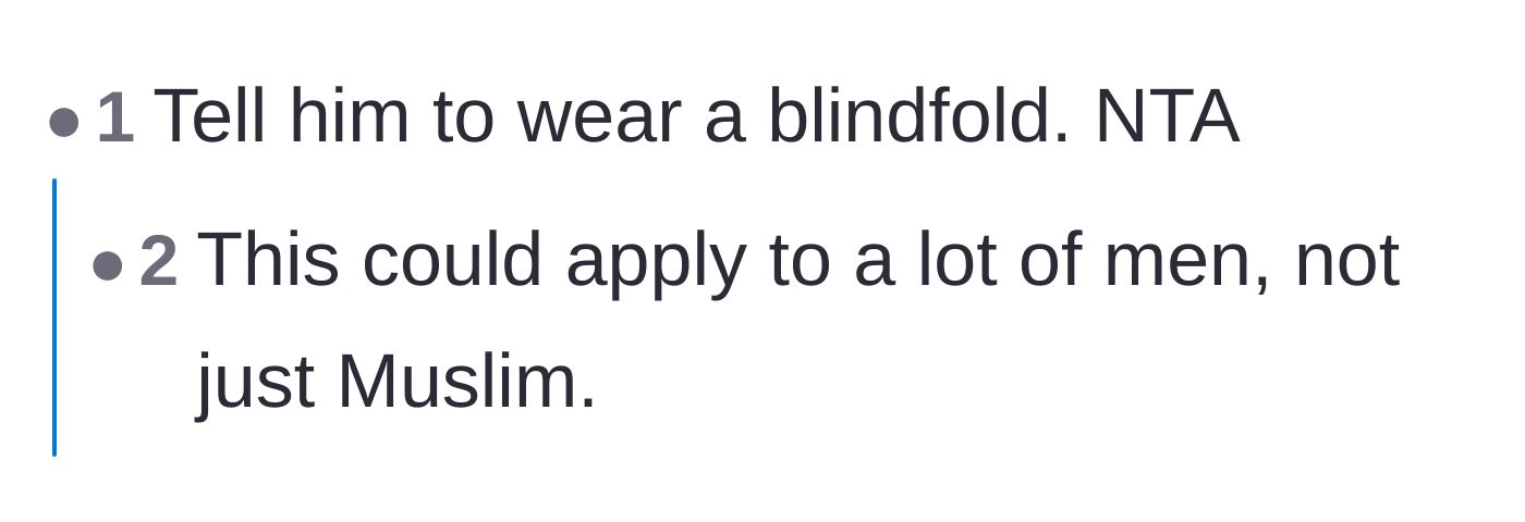 Comment thread 4 - A short comment suggesting the guest wear a blindfold instead of the host wearing a hijab.